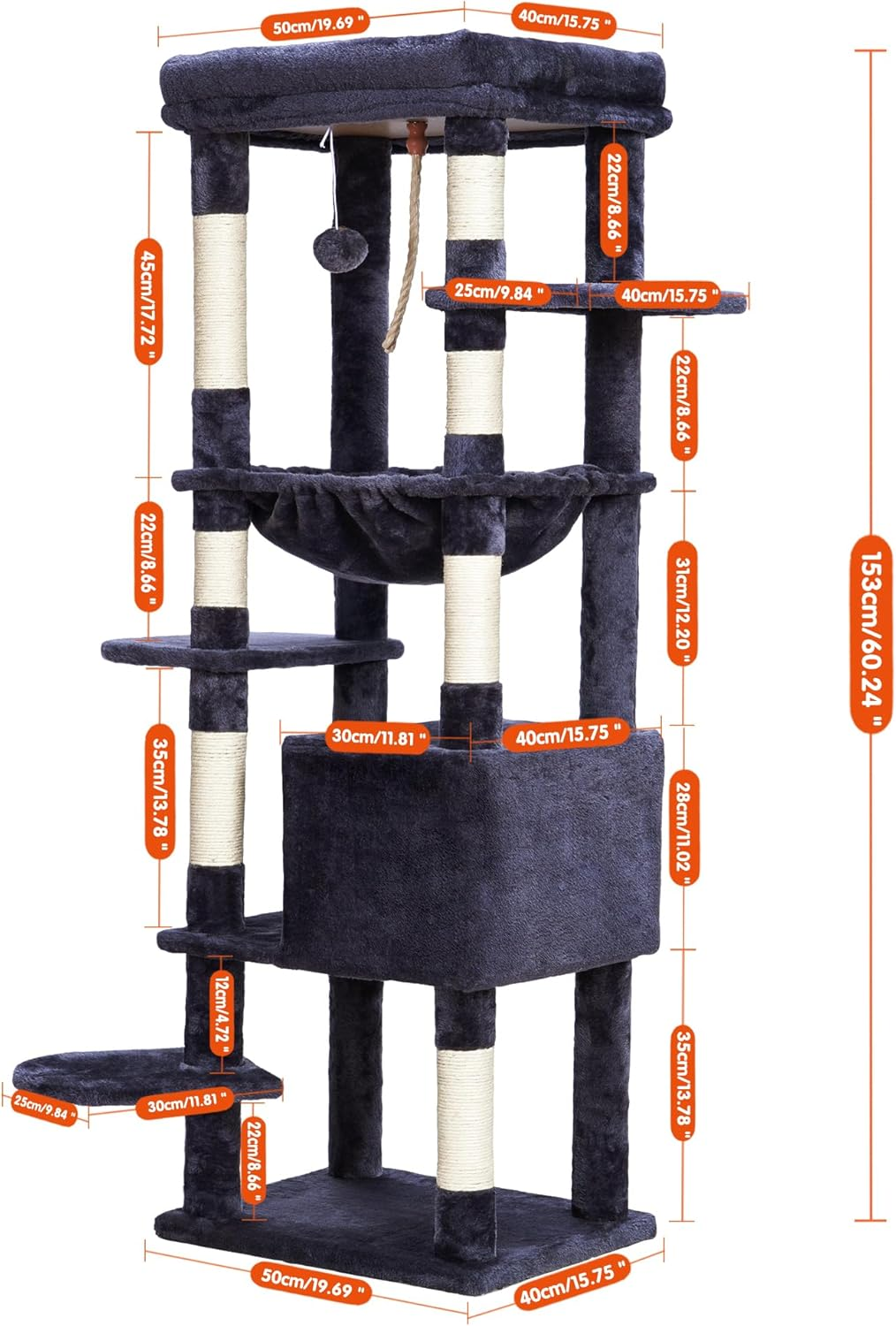Heybly Cat Tree for Large Cats 20 Lbs Heavy Duty,60 Inches XXL Cat Tower for Indoor Cats,Multi-Level Cat Furniture Condo for Cats with Big Padded Plush Perch,Cozy Basket HCT050G image number 2