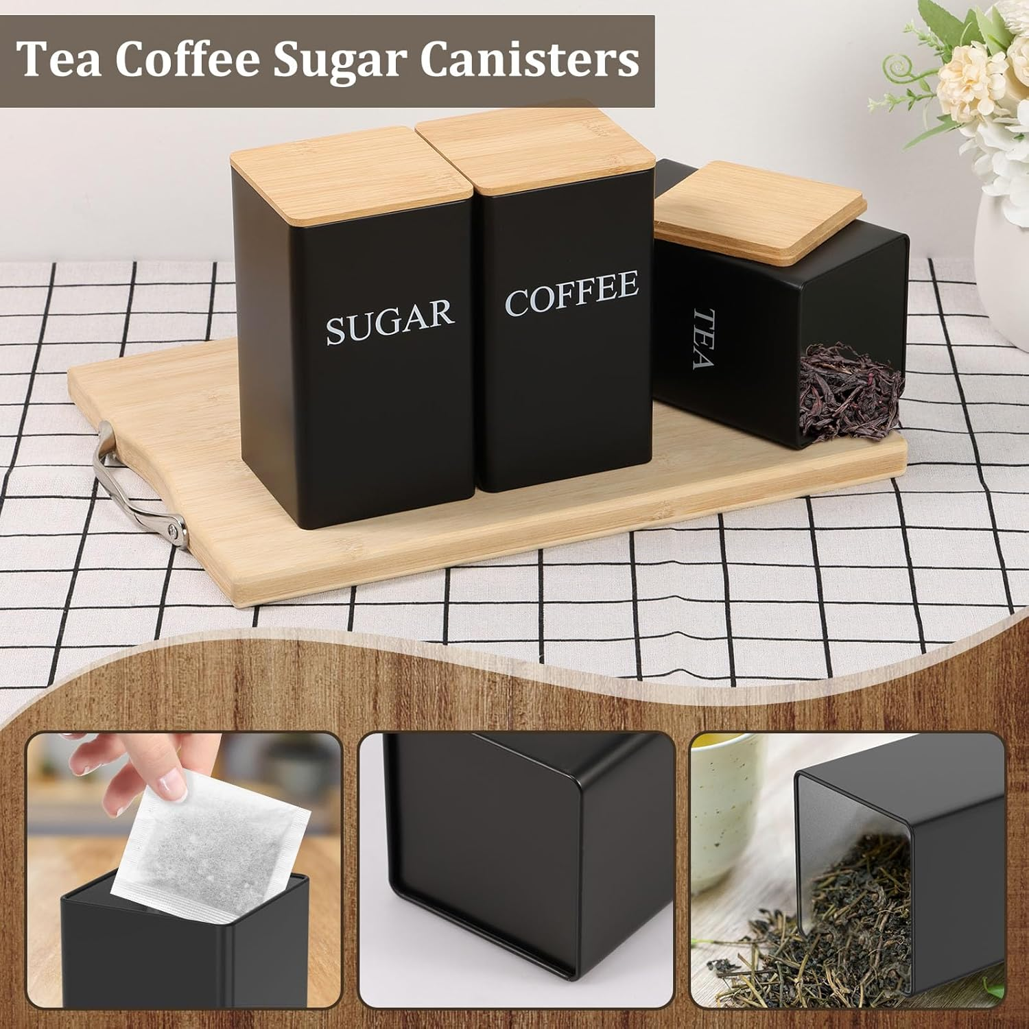 Tea Coffee Sugar Canister 1000 Ml Metal Coffee Tea Sugar Container with Airtight Bamboo Lid and Name Marker Food Storage Containers Jars for Coffee Sugar Tea Black Container Sets (Black) image number 3