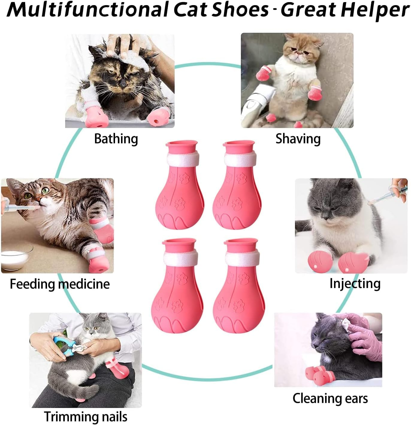 Coehaopike Cat Anti-Scratch Shoes 4 Pack, Pet Supplies Cat Scratch Deterrent Booties, Grooming Cat Accessories Silicone Nail Gloves, Adjustable Cat Claw Cover for Bathing Shaving Checking Treatment image number 2