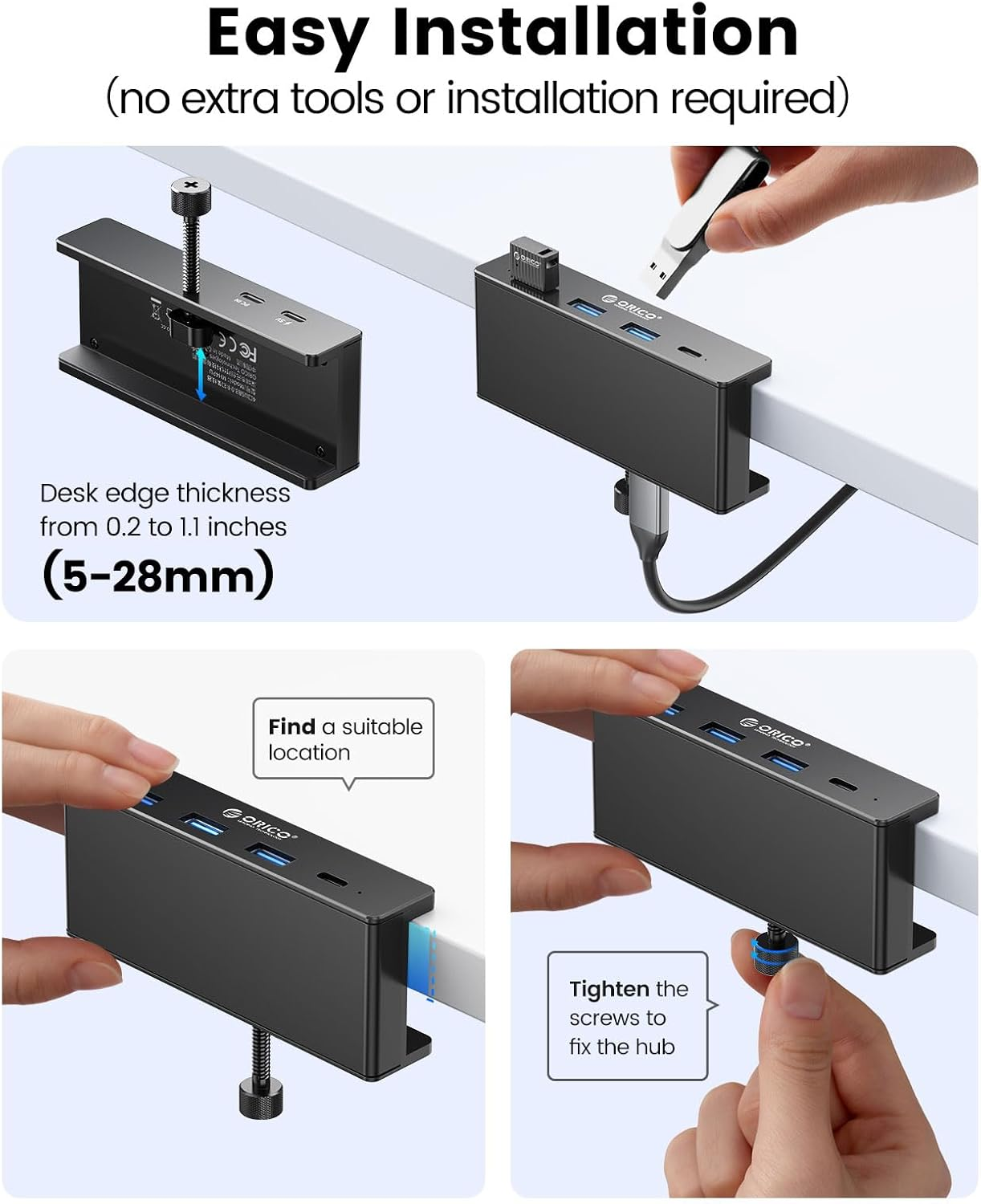 ORICO USB Hub 3.0, Clamp USB Hub with Extra Power Supply Port, Aluminum 4-Port USB Adapter with 3 USB-A Data Ports, USB-C Port for Monitors, Desks (Black) image number 5
