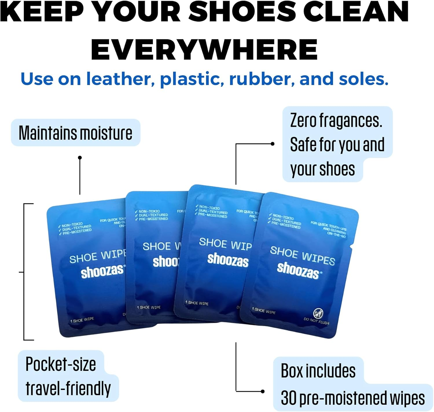 Shoe Cleaning Wipes &ndash; Box of 30 Individually Wrapped Wipes, Ideal for Leather, Plastic, Rubber, Soles & More, Removes Dirt & Stains, On-The-Go Cleaning image number 2