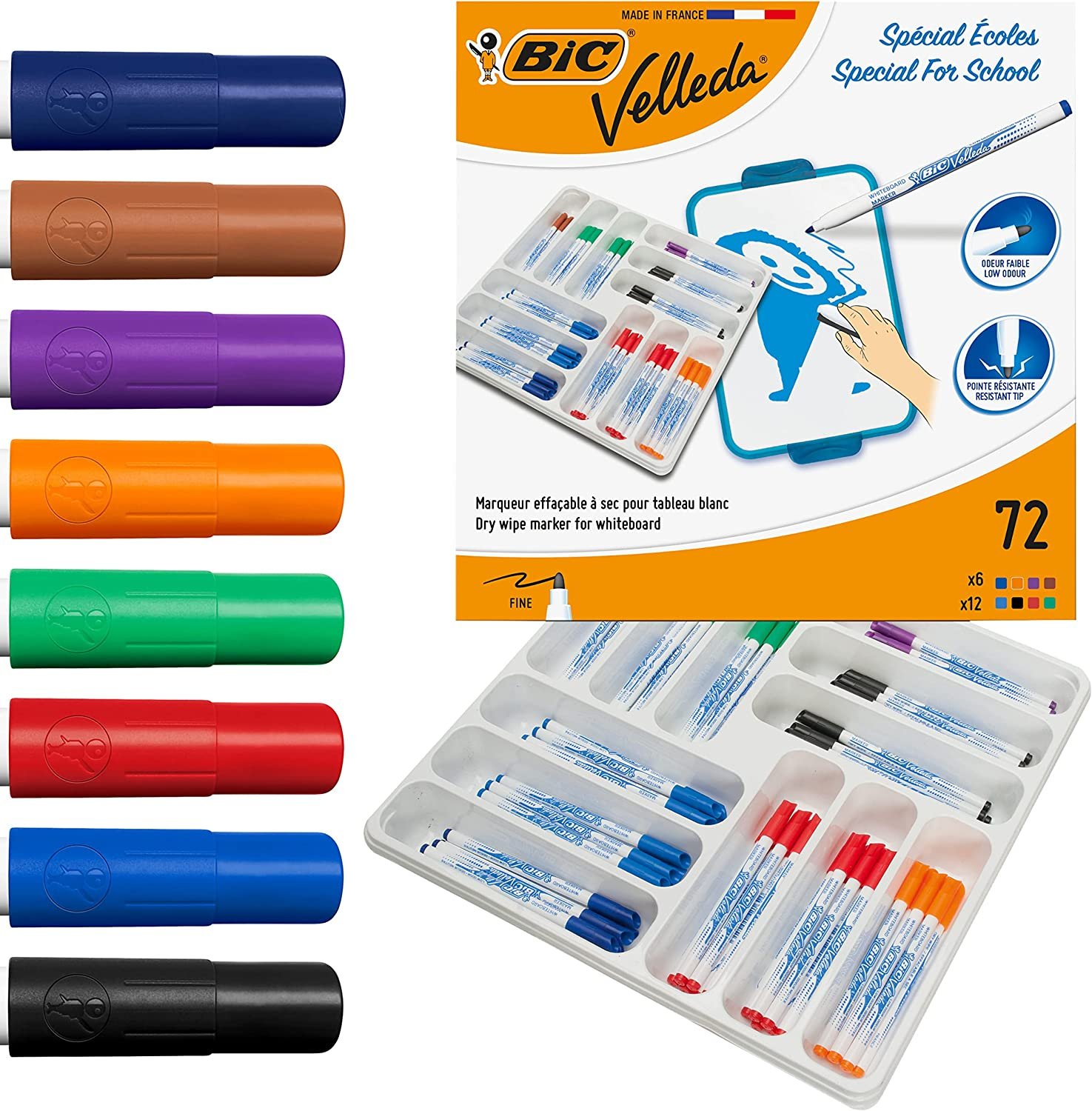 BIC Velleda 1721 Whiteboard Marker Fine Bullet Tip - Assorted Colours, Bulk Classpack of 72 Whiteboard Markers, School & Office Supplies