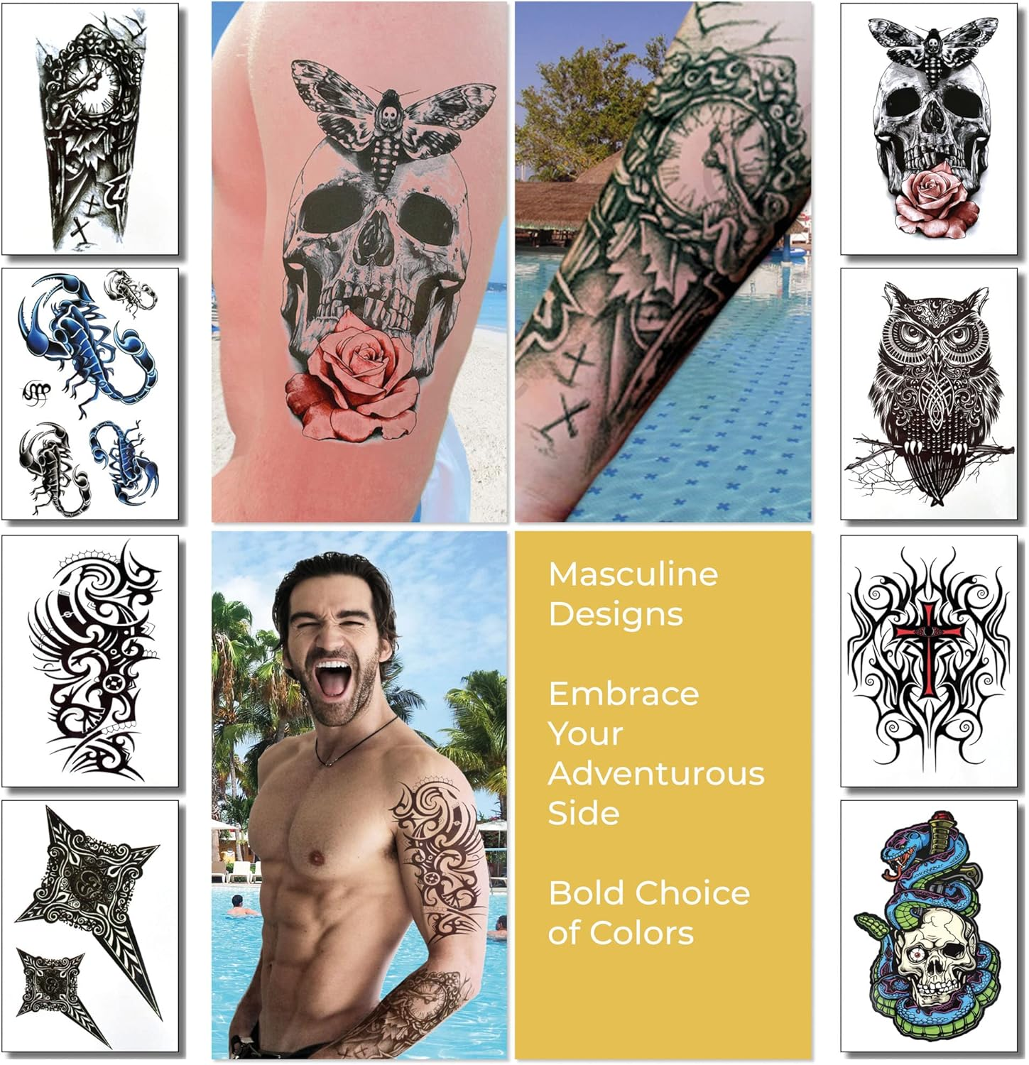 Temporary Tattoos for Men Guys Boys & Teens - Fake Half Arm Tattoos Sleeves for Arms Shoulders Chest Back Legs Cross Skull Owl Clock Scorpion Rose Realistic Waterproof Transfers 8 Sheets 8X6" image number 4