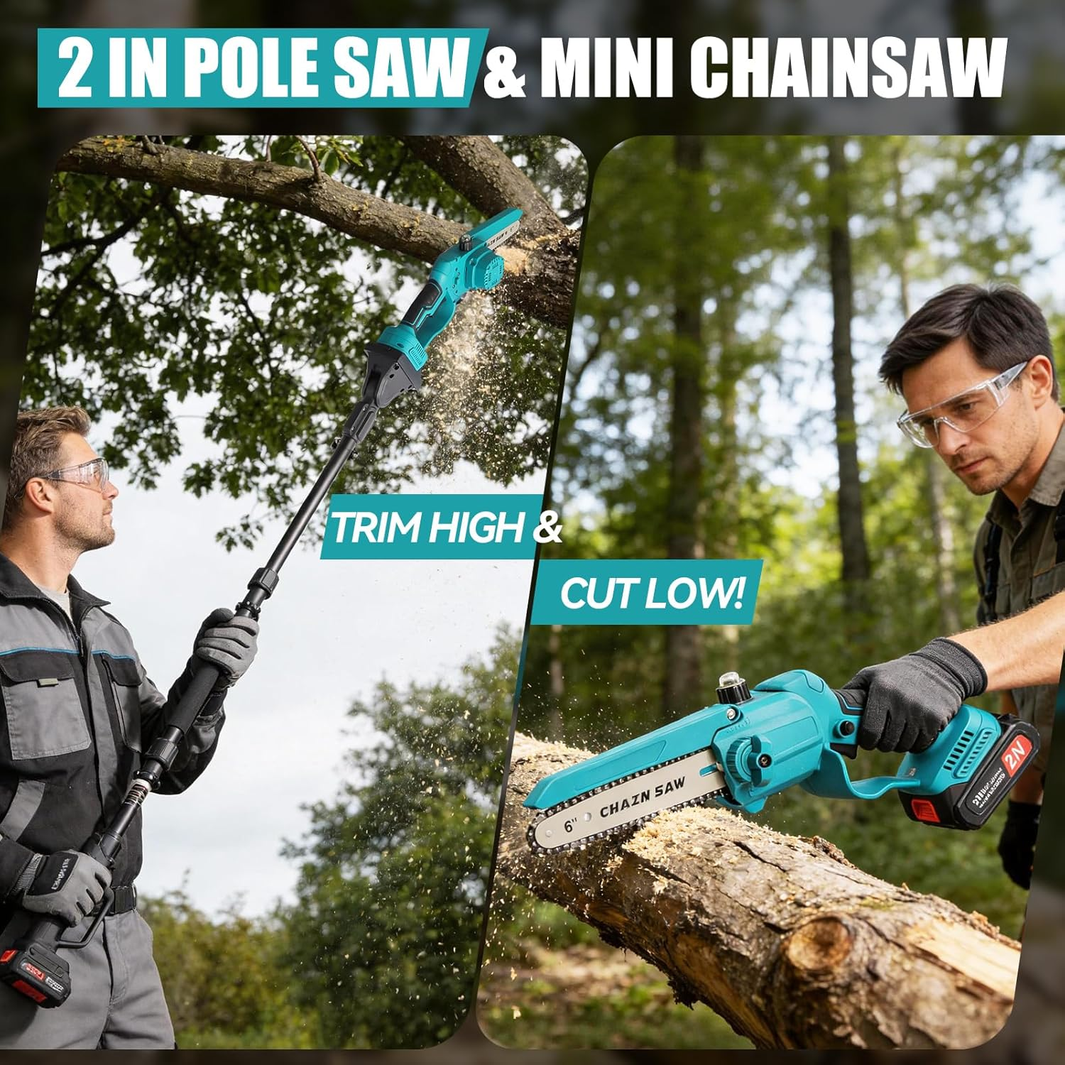 Mini Chainsaw Cordless-6Inch Electric Chainsaw Cordless with 2 * 2.0AH Batteries, Electric Chainsaw-Hand Held Power Chain Saws for Tree Trimming & Wood Cutting-Mini Chainsaws (Blue-01) image number 3