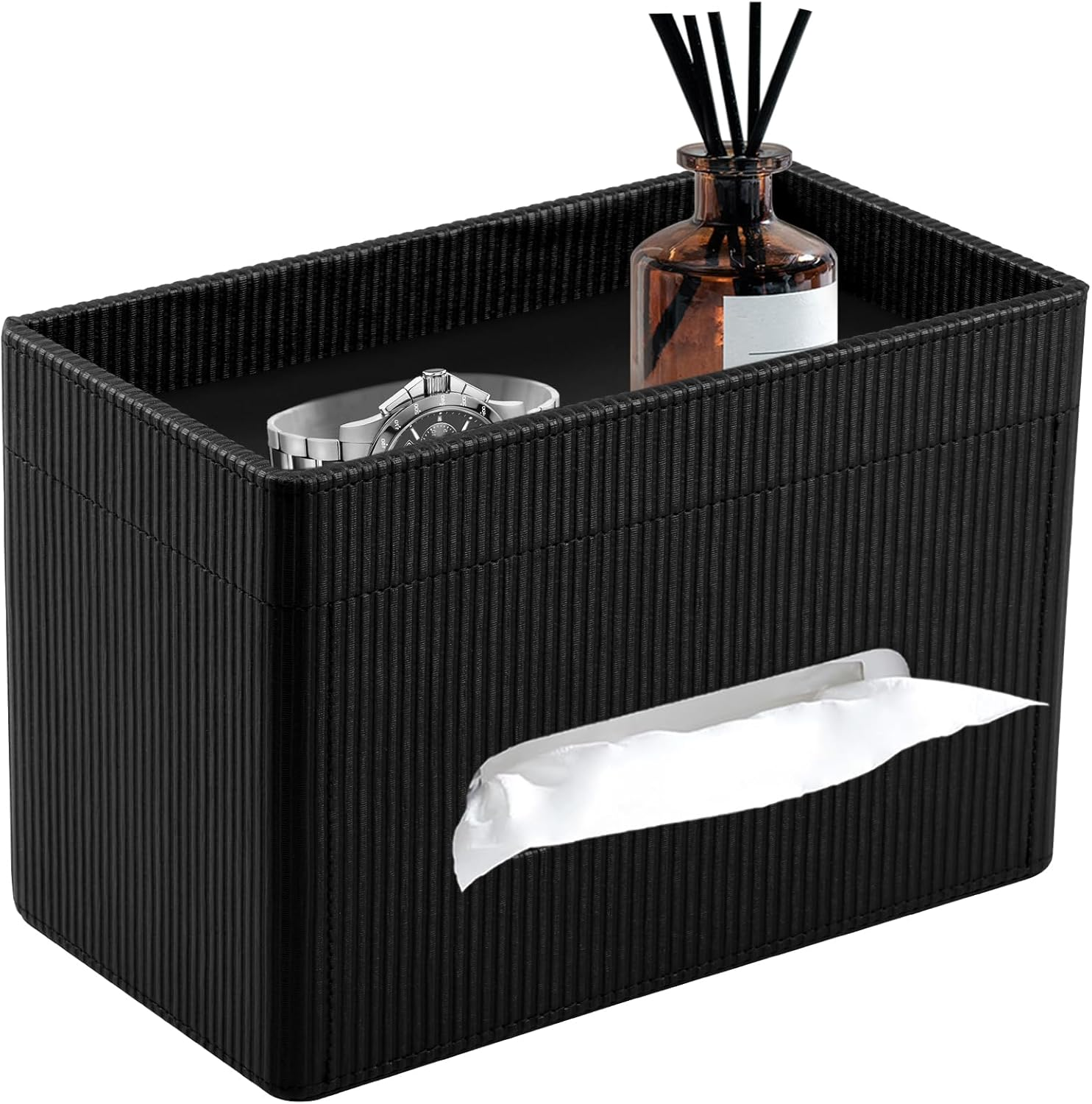 Rectangular Tissue Box Cover Tissue Box Holder with Storage Tray 2 Tier PU Leather Facial Paper Organizer Modern Tissue Holder Decorative Organizer for Bathroom Bedroom Office Desk (White, 1Pc)