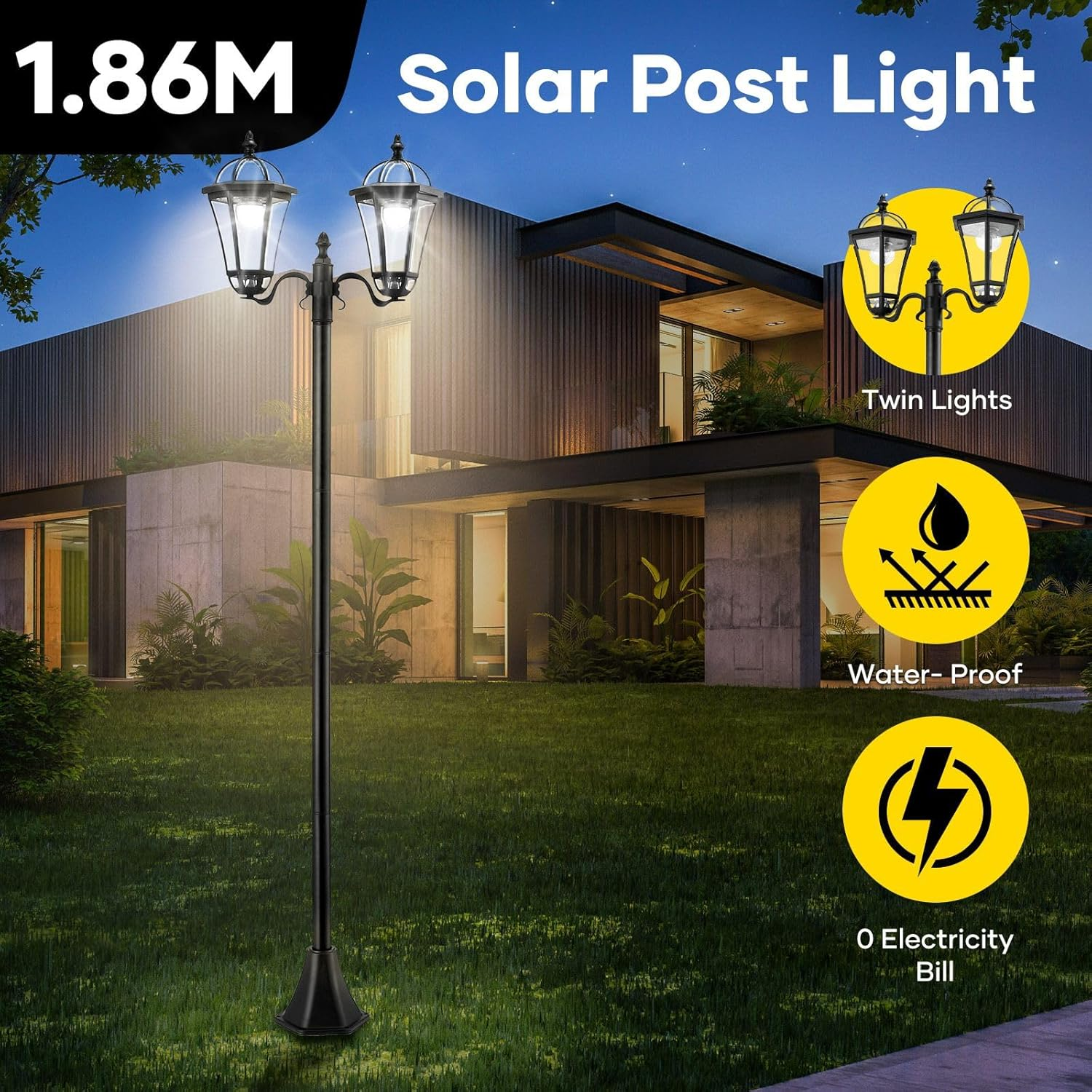 186Cm Solar Post Light Outdoor Street Pathway Garden Security Pole Lamp Driveway Patio Yard Energy Powered Pillar (46X19X186Cm) image number 2