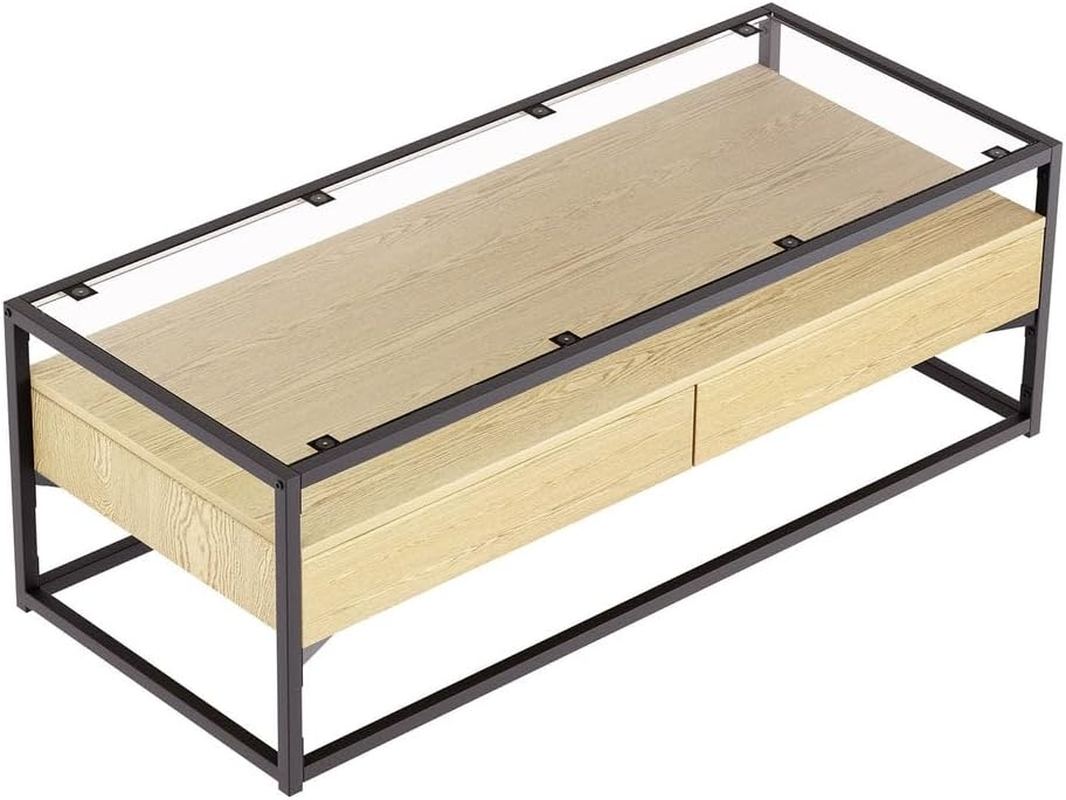 Artiss Coffee Table, Square End Tables 5MM Tempered Glass Tabletop for Home Furniture Living Room, Metal Frame Bedside Storage Modern Design with 2 Drawers Shelf Pine image number 2