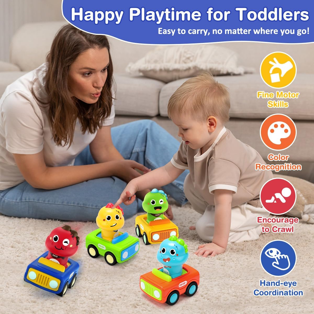 REMOKING Dinosaur Toys for 1 2 Year Old Boys, 4 Pack Baby Press and Go Cars for Toddlers 1-3, First Push Go Friction Play Vehicle Set,1St Birthday Gifts for Boys Girls 12 18 24 Months image number 2