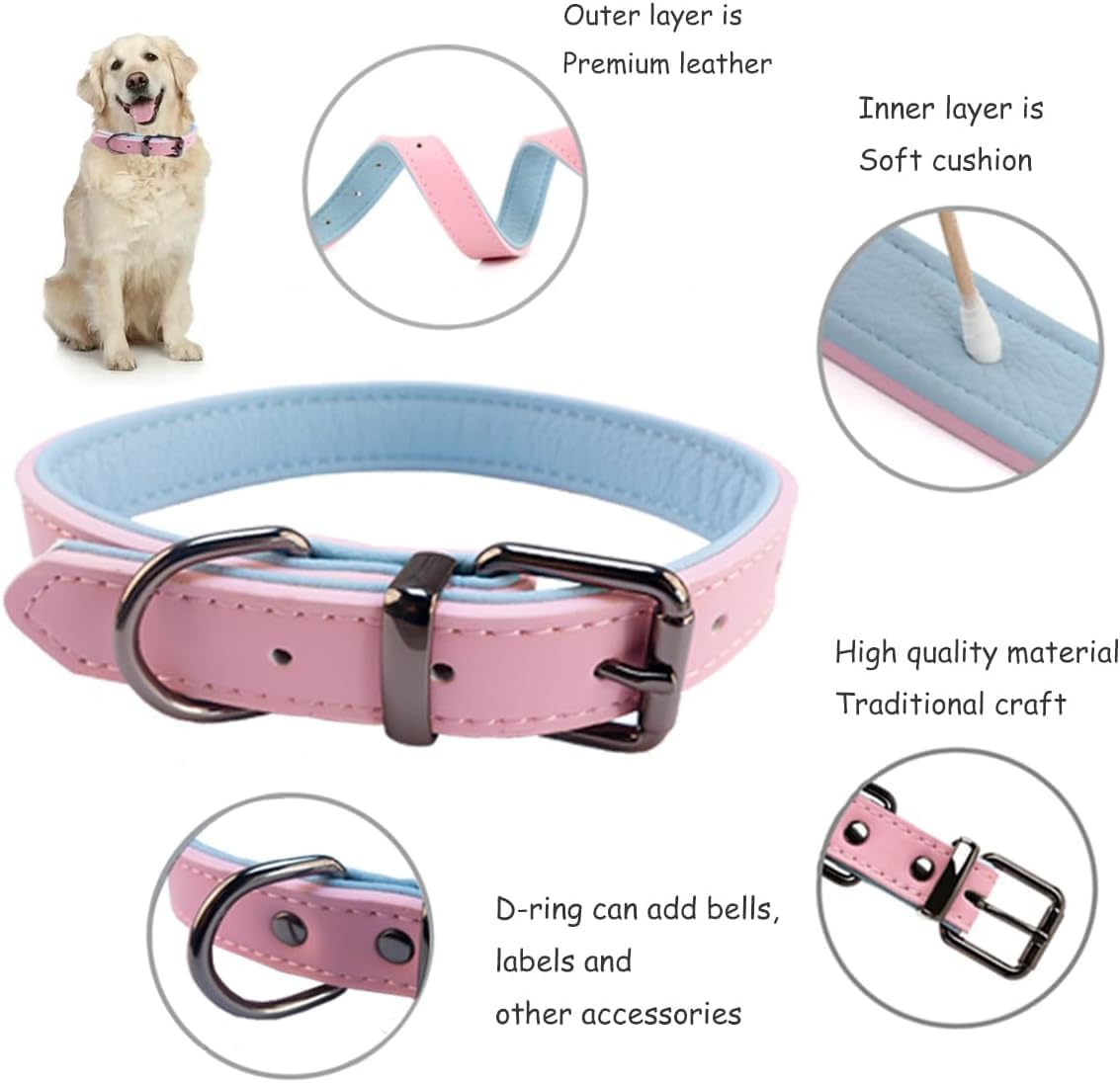 Soft Leather Pet Collar, Premium Leather Dog Collar, Adjustable Pink Fashionable and Elegant Dog Collar, Comfortable Padded Dog Collar for Large Dogs image number 5