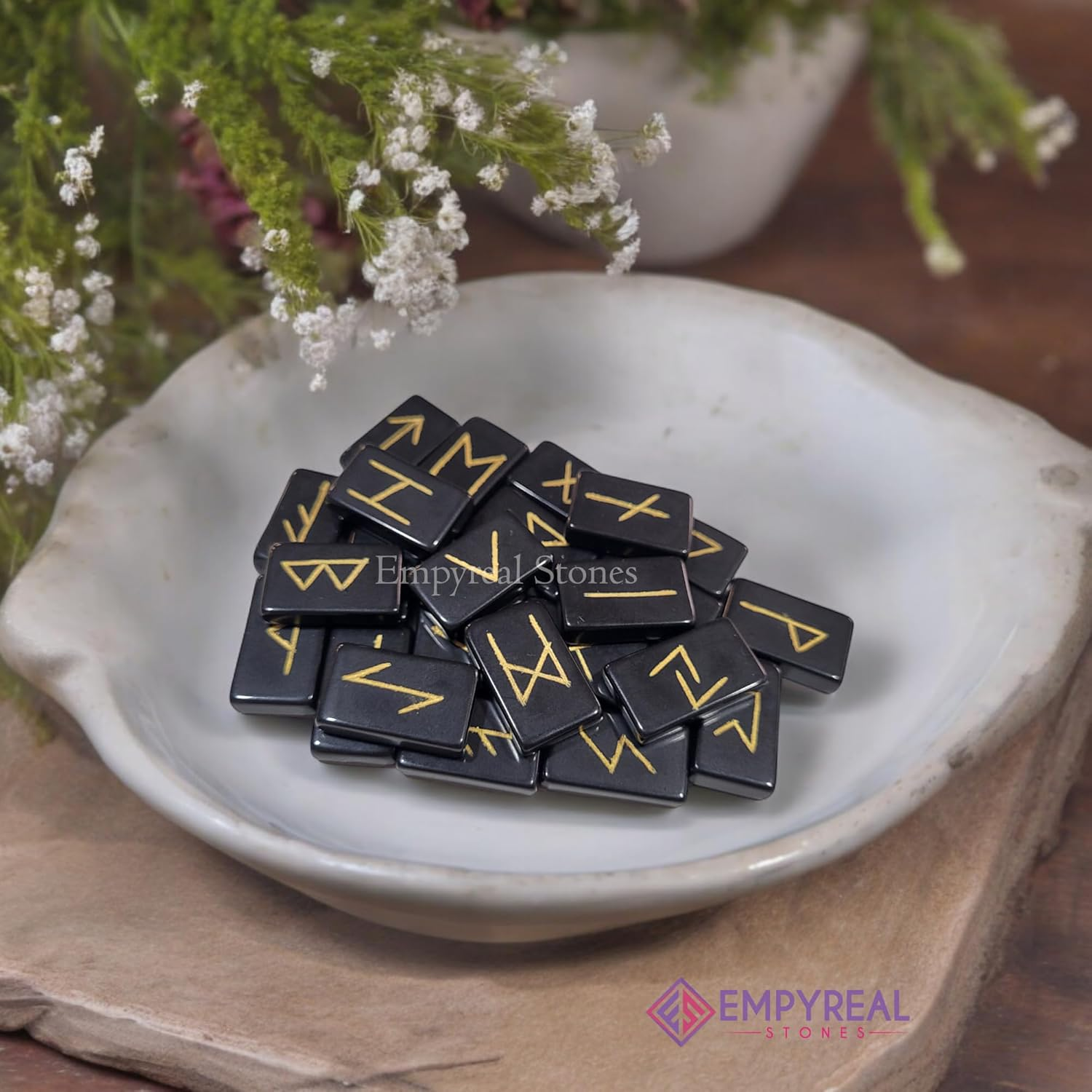 Gemstone Rune Stones Authentic Elder Futhark Set for Divine Guidance and Wisdom (Black Tourmaline) image number 1