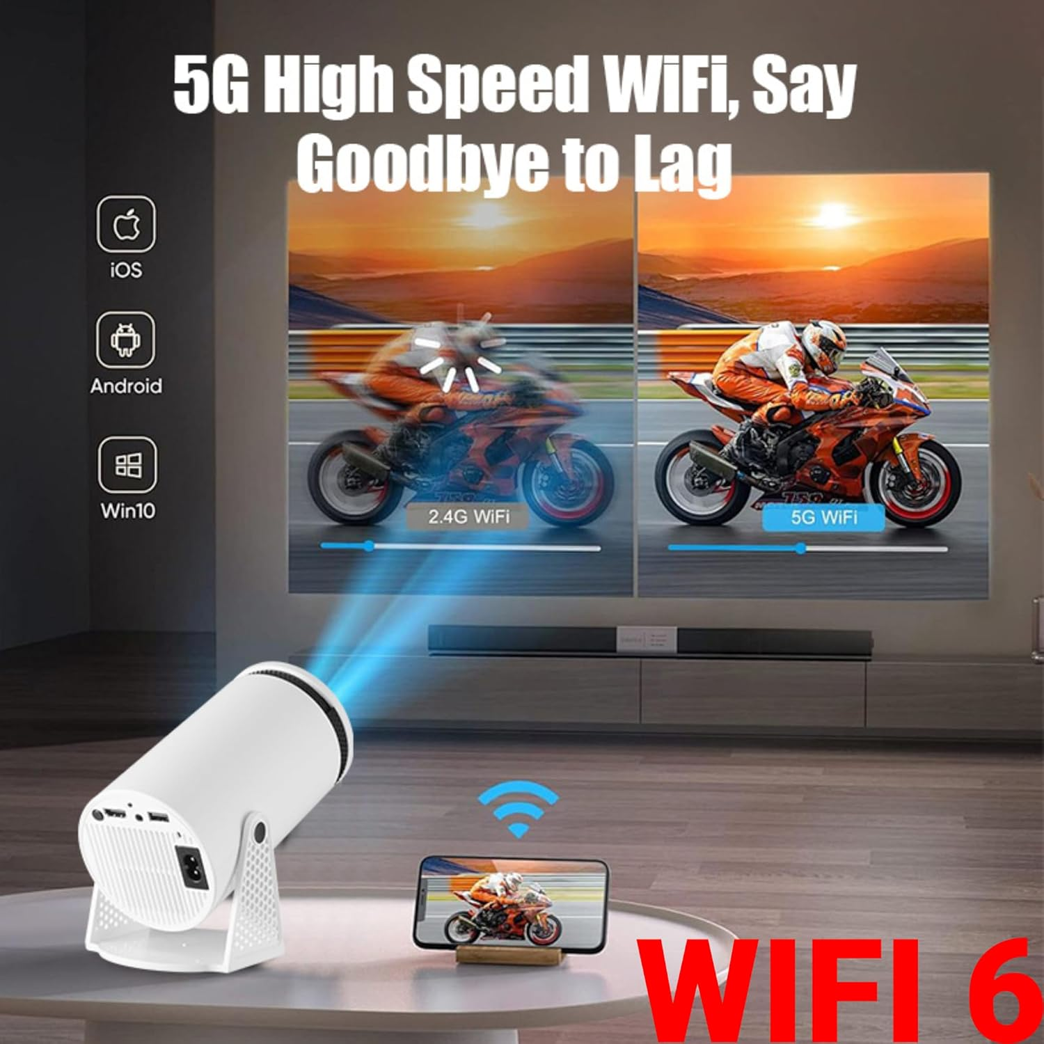 Bewinner 4K UHD Smart Small Projector, 1080P Portable Home Video Projector with 5G Wifi6 BT 5.3, Auto Correction, 260 Inch Screen Size, Home Theater for Android 11 (AU Plug 100‑240V) image number 2