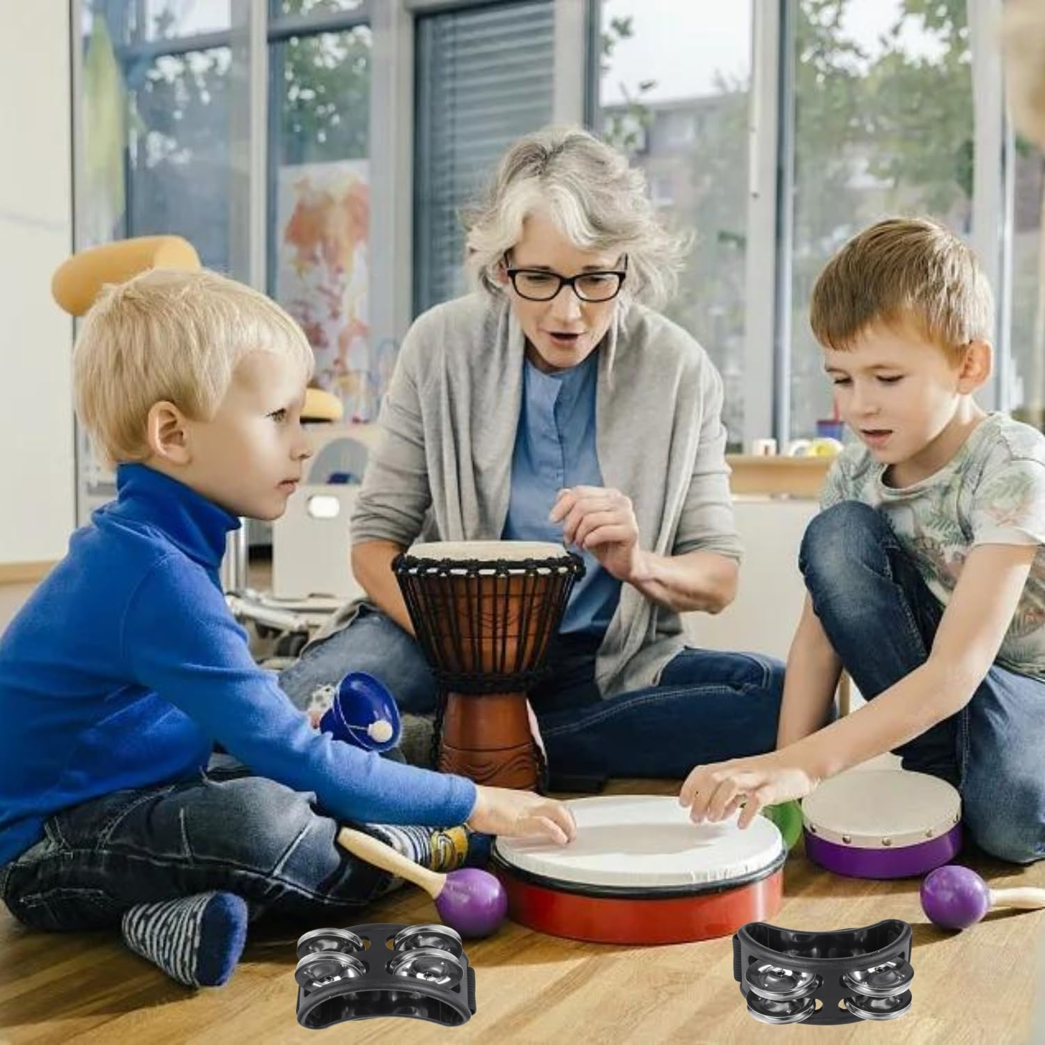 4 PCS Foot Tambourine Percussion,Foot Drum Set, Musical Instrument Drum, Percussion Instruments, Foot Tambourine Double Row Stainless Steel Jingles Foot Bell Accompaniment Instrument image number 4