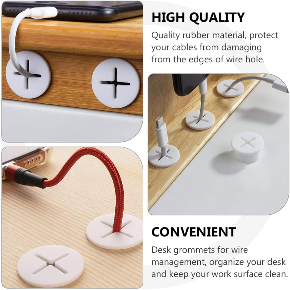 TEHAUX 15Pcs Desk Grommet Cord Wire Holders - Flexible White Cable Grommets for Furniture and Table Cable Management, Wall Pass through Included (White) image number 2