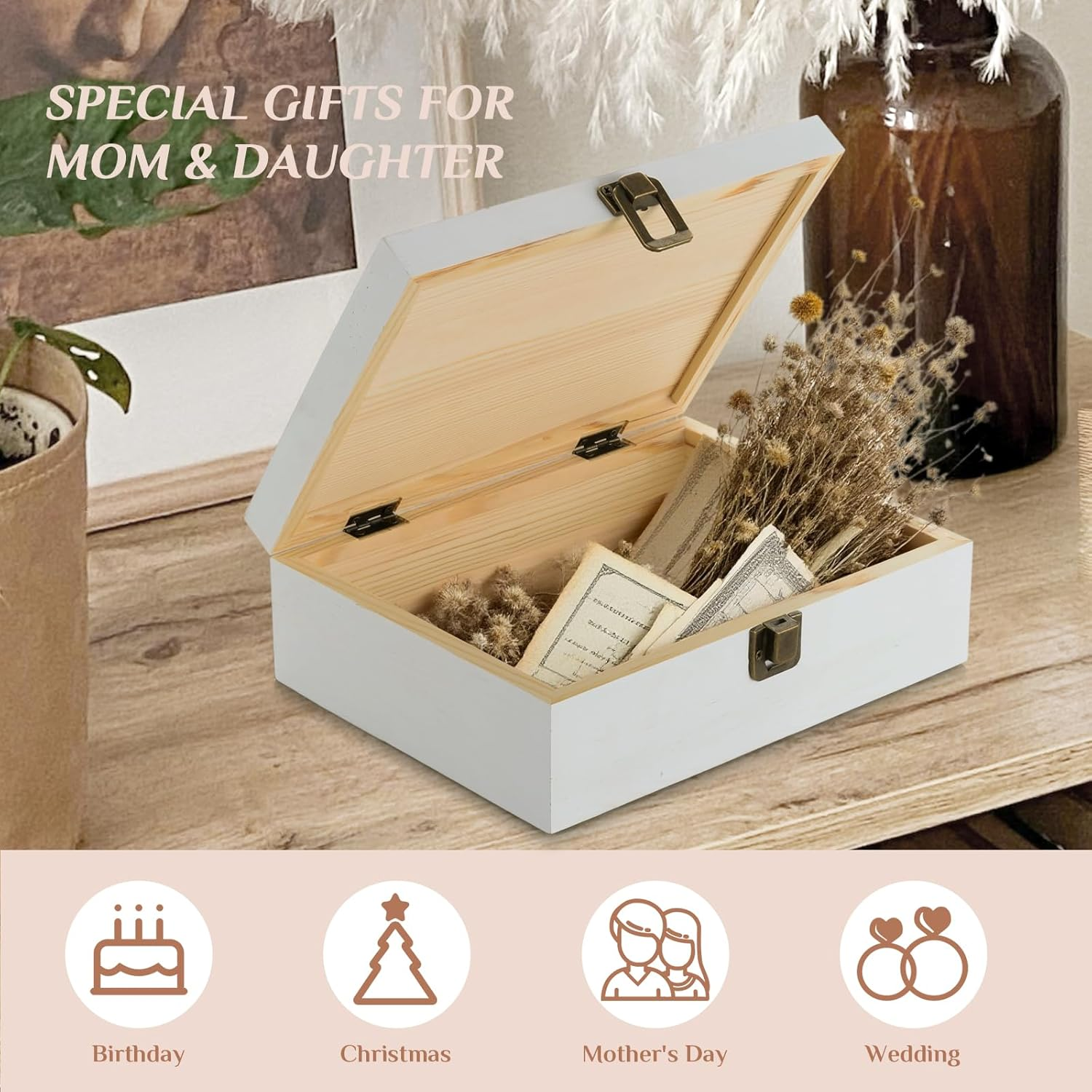 Mother Daughter Gifts - Mother of the Bride Gifts for Wedding - Daughter Birthday Present - Sympathy Memorial Gift for Loss of Mom Wooden Memory Box for Keepsakes image number 1