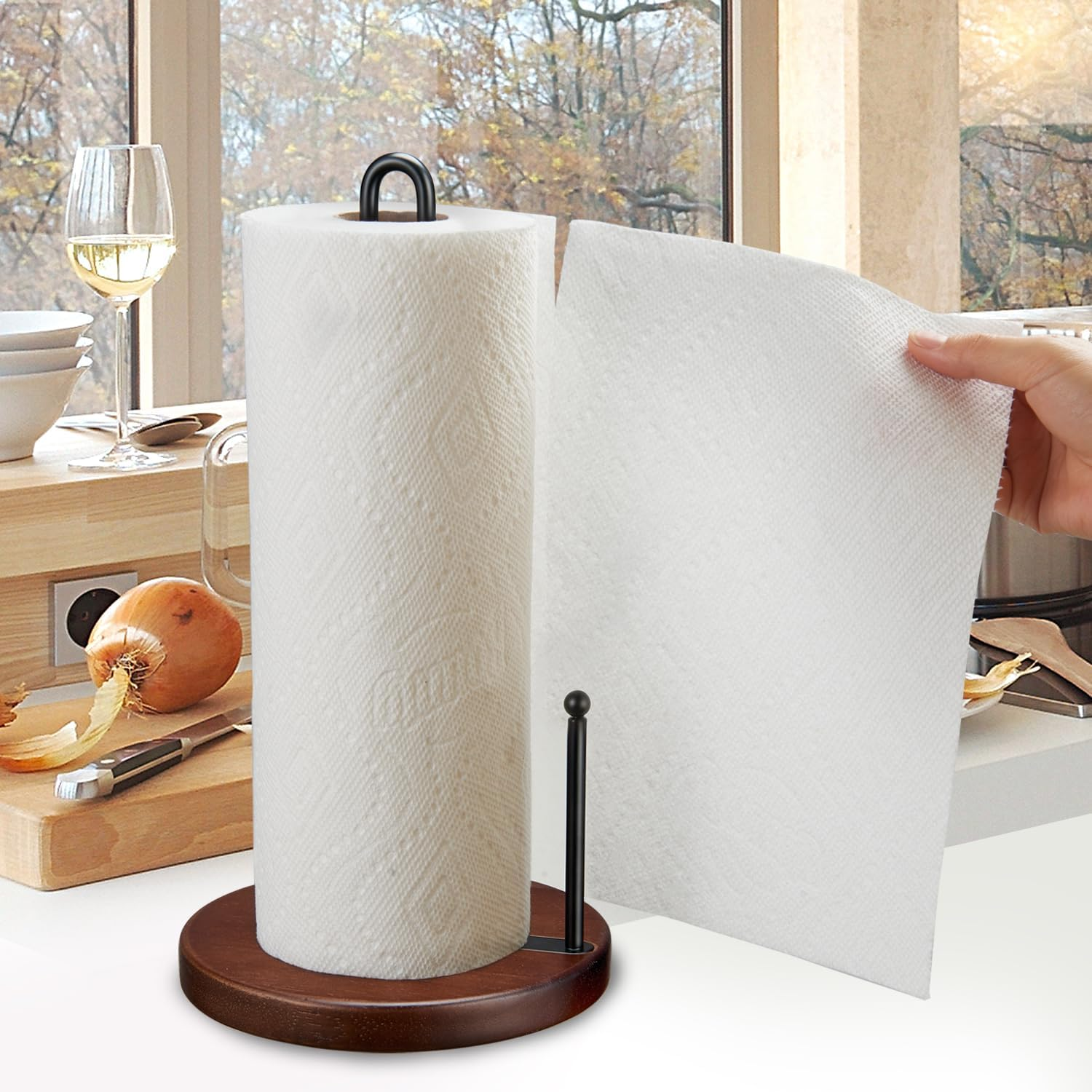 Paper Towel Holder Countertop, Farmhouse Paper Towel Holder with Heavy Duty Wood Base, Wood Paper Towel Holder Rustic Style Stand for Kitchen Decor, Home, Brown image number 6