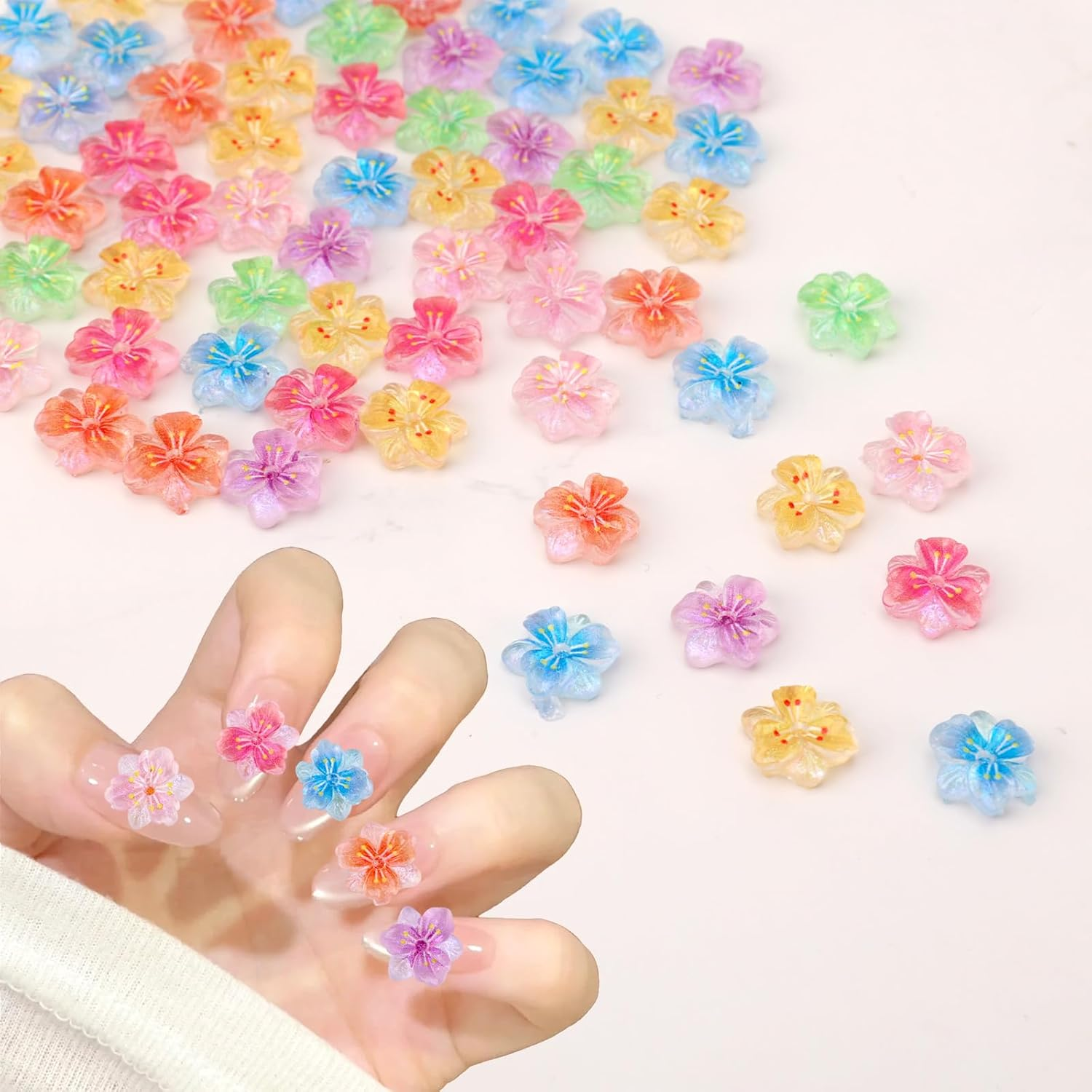 Lasuroa 60Pcs 3D Ice Translucent Hibiscus Flower Nail Charms, Cute Plastic Floral Nail Stickers Mixed Colorful Rhinestones Jewelry for Women Manicure Decorations image number 5