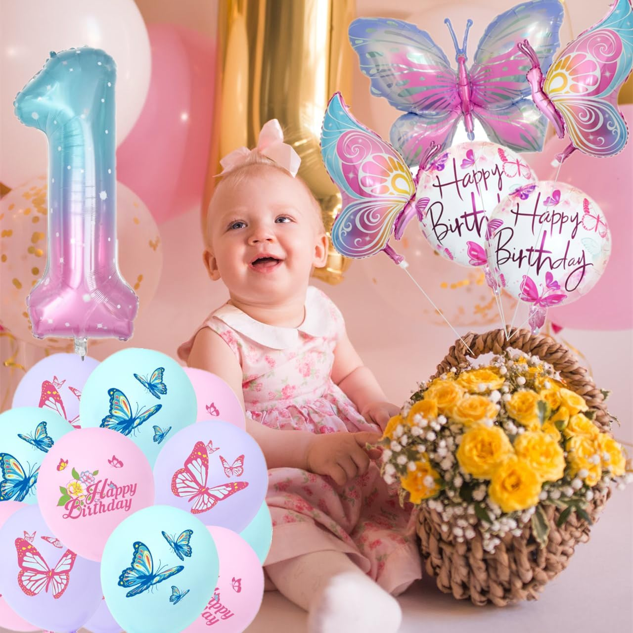 Butterfly Balloon 1St Birthday Decorations, Butterfly Balloons Colorful Gradient Pink Butterfly Foil Mylar Balloon for Fairy 1St Birthday Party Decorations Girl Party Supplies Baby Shower (1) image number 4