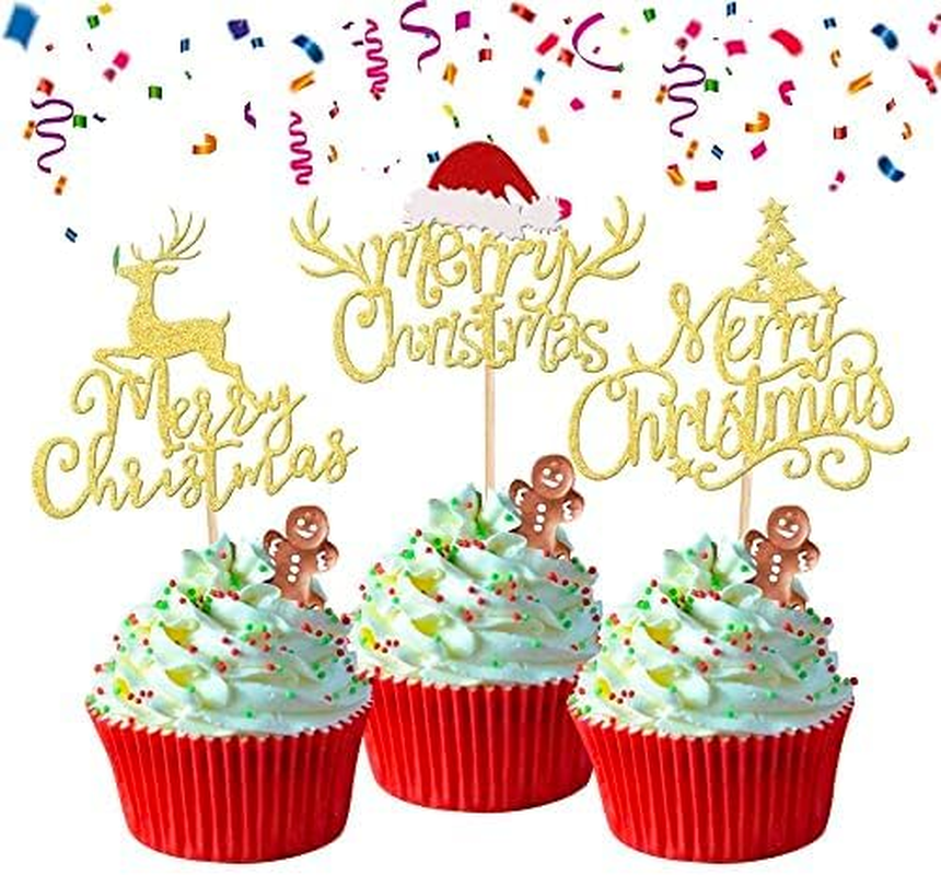 24 Pack Merry Christmas Cupcake Toppers Glitter Xmas Tree Santa Hat Deer Christmas Cupcake Picks Decoration for Winter Christmas Theme Xmas Holiday Birthday Party Supplies Red