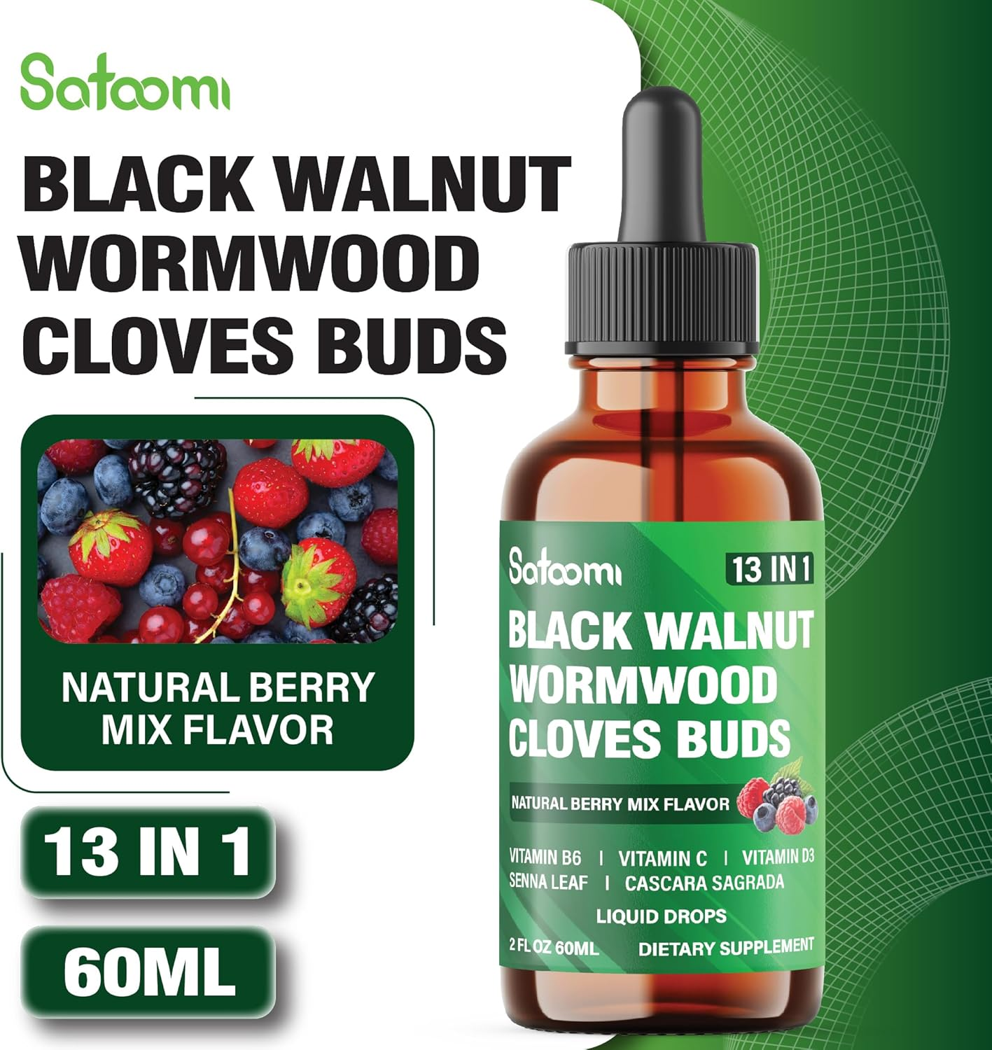 SATOOMI 13In1 Black Walnut Liquid Drops with Wormwood, Cloves, Vitamin B6, Vitamin C, Vitamin D, Senna, Cascara Sagrada and 5 More - 2 Fl Oz for 60 Days - Berry Mix Flavor image number 4