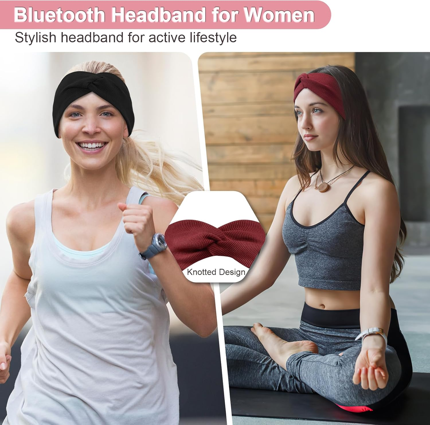 BULYPAZY 2-Pack Headband Headphones with Thin HD Speakers, Bluetooth Headband for Women, Stylish Knotted Headband, Cozy Band Headphones for Workout, Running, Yoga, Travel, Meditation - Red&Black image number 2