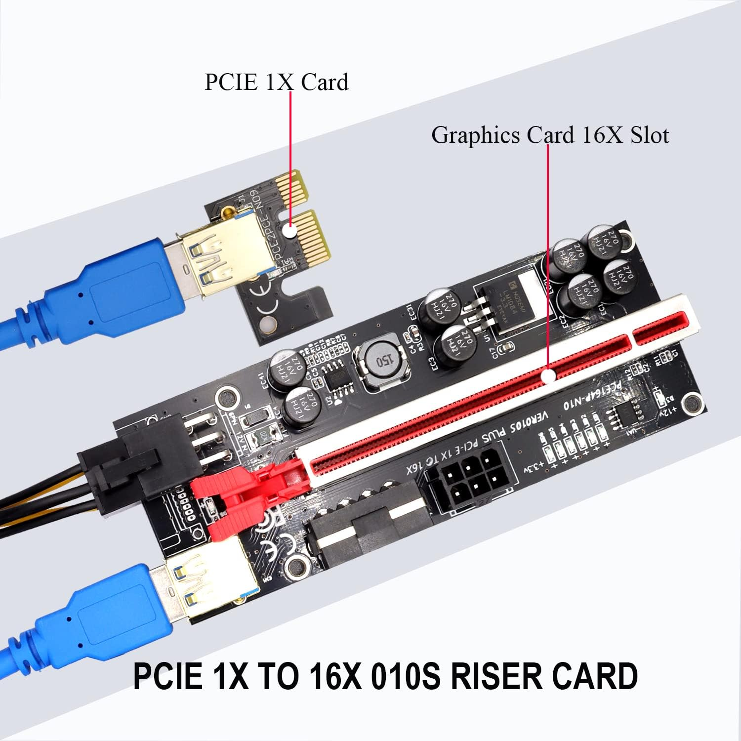 6 Pack Pcie Riser 1X to 16X, GPU Mining Card Powered Adapter VER010S PCI-E Extension Cable with LED & Triple Power Supply - Extender for ETH Mining image number 6