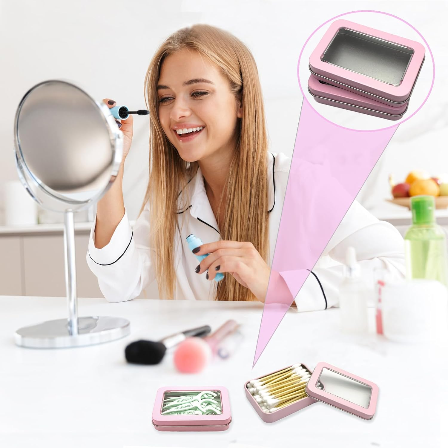 Cotton Swab Holder for Travel, 2 Pcs Portable Small Dental Floss Holder Empty Metal Cotton Ball Holder, Travel Floss Picks Case with Dustproof Lid for Cotton Swabs Hair Ties Floss, Pink image number 3