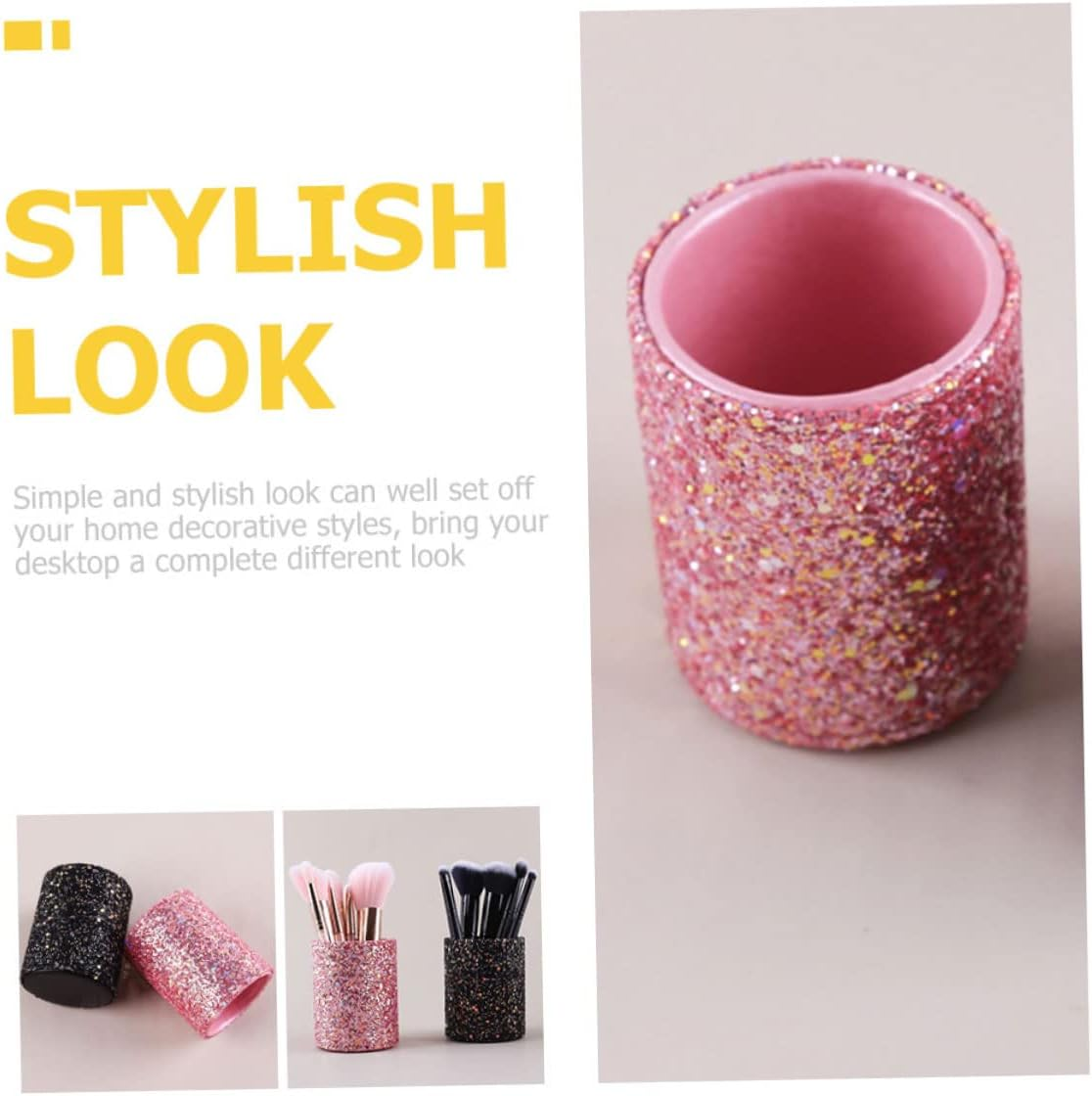 Mikinona Makeup Brush Storage Bucket Makeup Stand Organizer Metal Trim Pink Cup Holder for Dressing Table Pen Holder Decorative Bedroom Bathroom - Pink image number 5