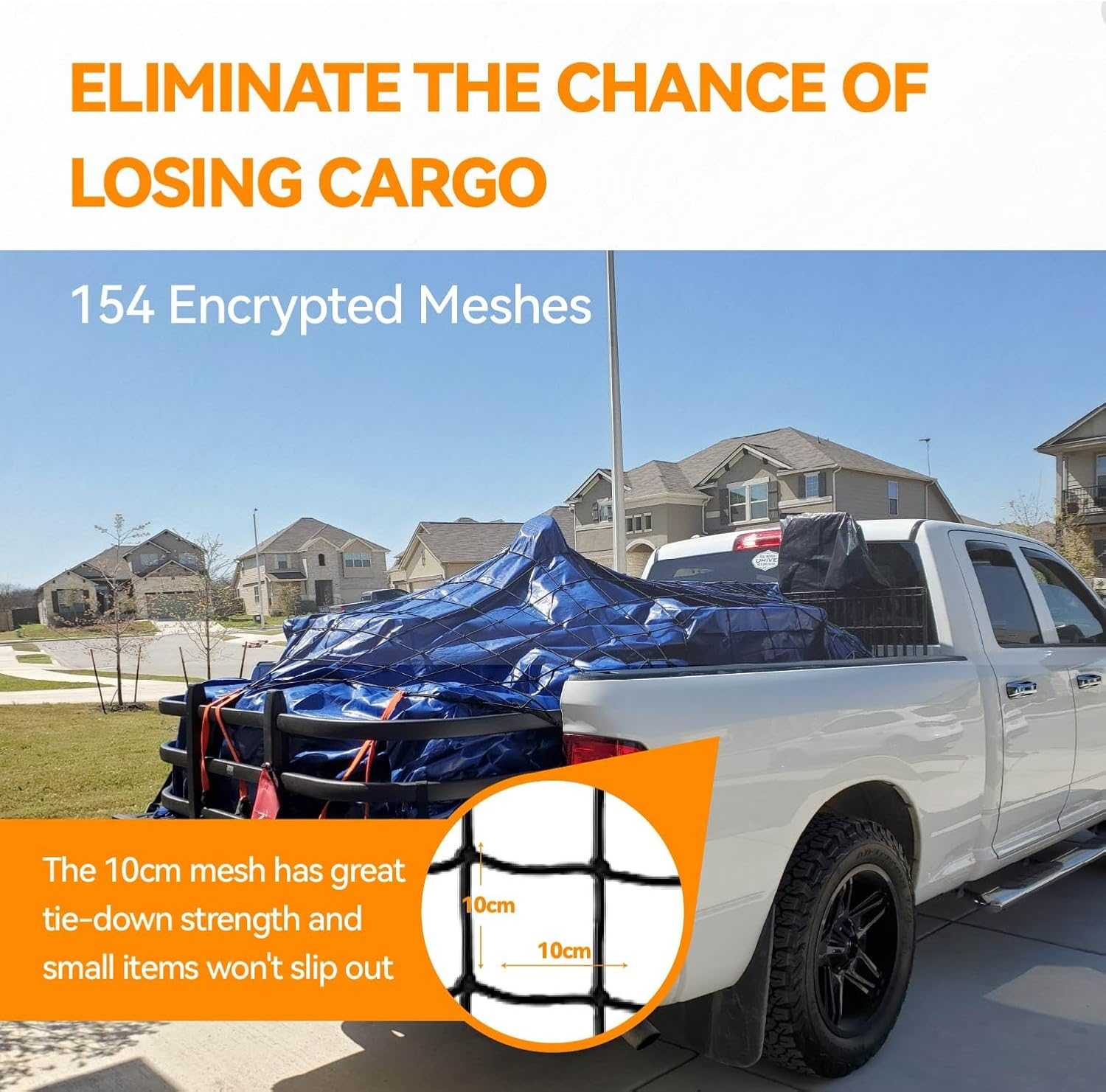 120 * 150Cm Cargo Net for Pickup Truck Bed, New Upgraded 14 Thickened ABS Hooks, Large Adjustable Elastic Heavy Duty Latex Net Stretches to 300 * 380Cm image number 4