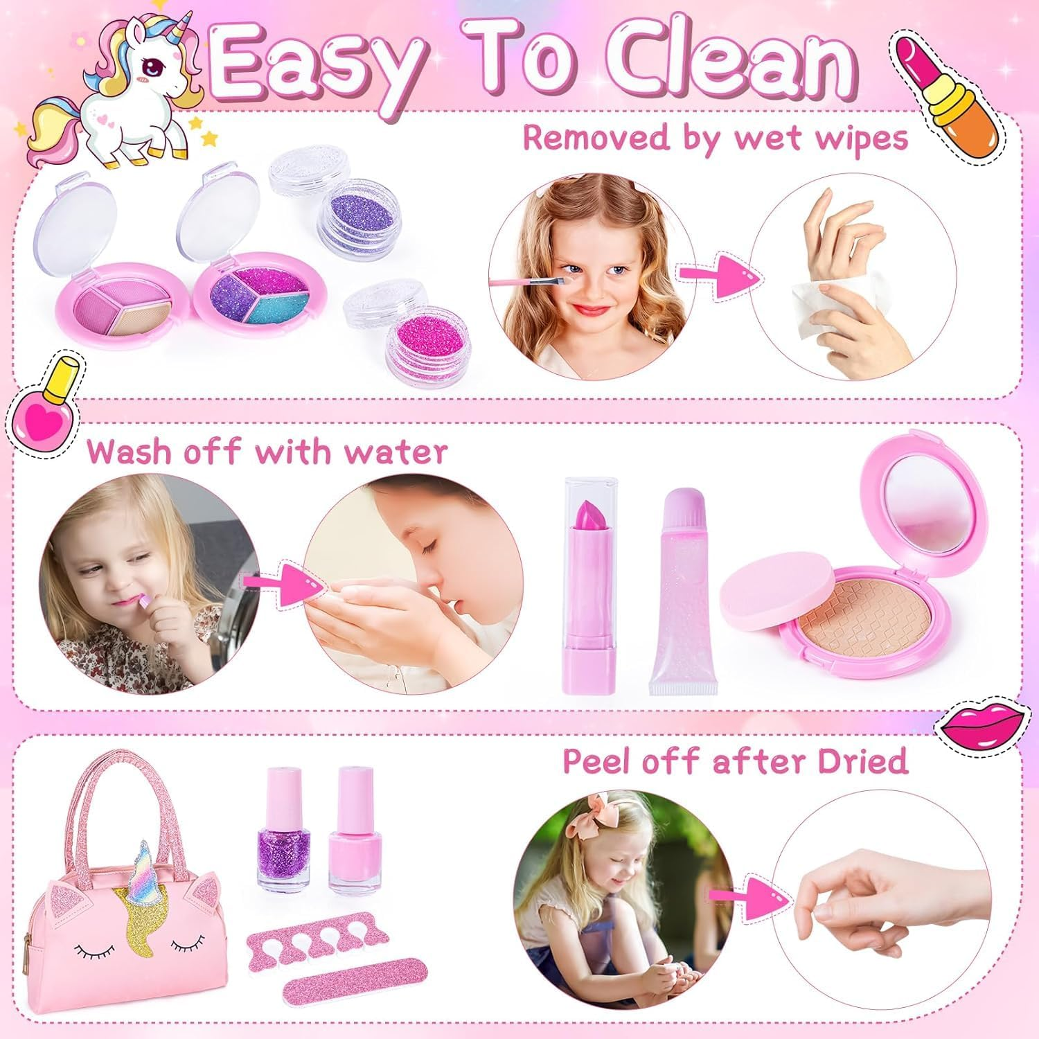Kids Real Makeup Kit for Little Girls with Unicorn Purse - Non Toxic, Washable Make up Toy - Kids Pretend Play Set Vanity Birthday Gift for Ages 3 4 5 6 7 8 9 10 12 Years Old (Pink Soft Unicorn Bag) image number 2