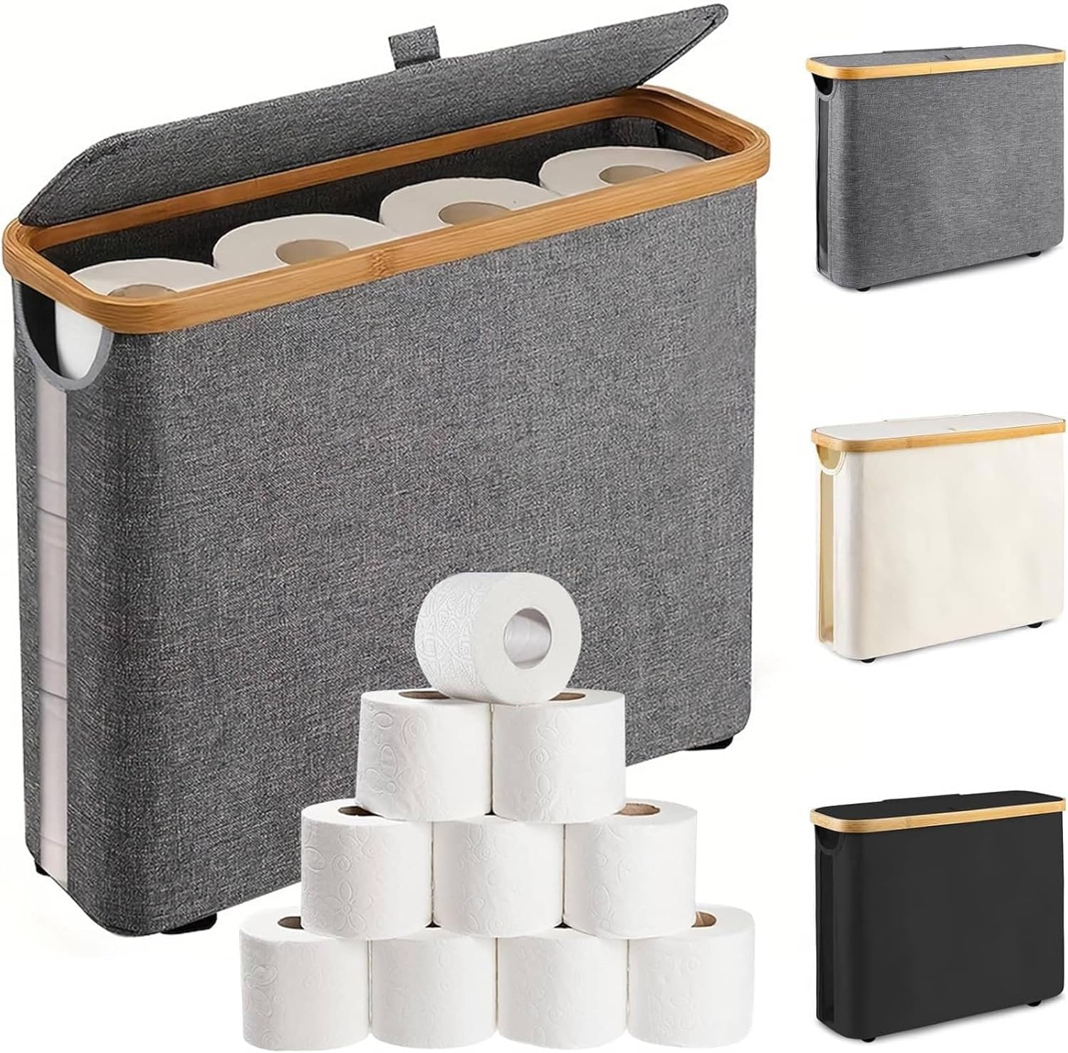 Toilet Paper Storage Basket, Toilet Paper Storage with Lid, Toilet Paper Organizer for Bathroom, Free Standing Toilet Paper Holder, Toilets Holder for up to 12 Rolls, for Bathroom (White)