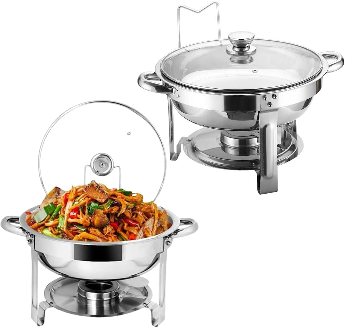 9SHOME 2Pack Chafing Dish Buffet Set, 4.5L Stainless Steel round Chafer with Glass Lid & Lid Holder, 5QT Buffet Servers Food Warmers Set with Food and Water Trays for Dinner, Parties, Wedding, Camping image number 3