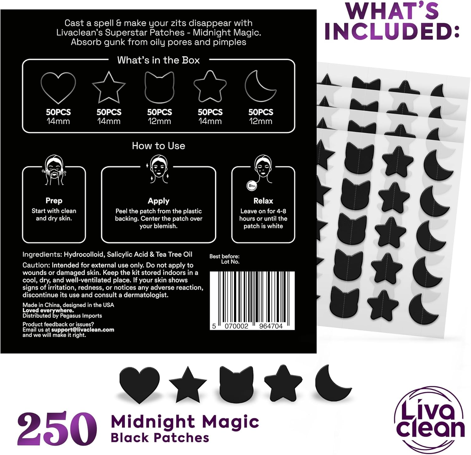 Livaclean 250Ct Black Star Pimple Patches Midnight Magic with Salicylic Acid and Tea Tree Oil - Pimple Patches for Face, Hydrocolloid Patches for Acne, Li Stickers image number 2