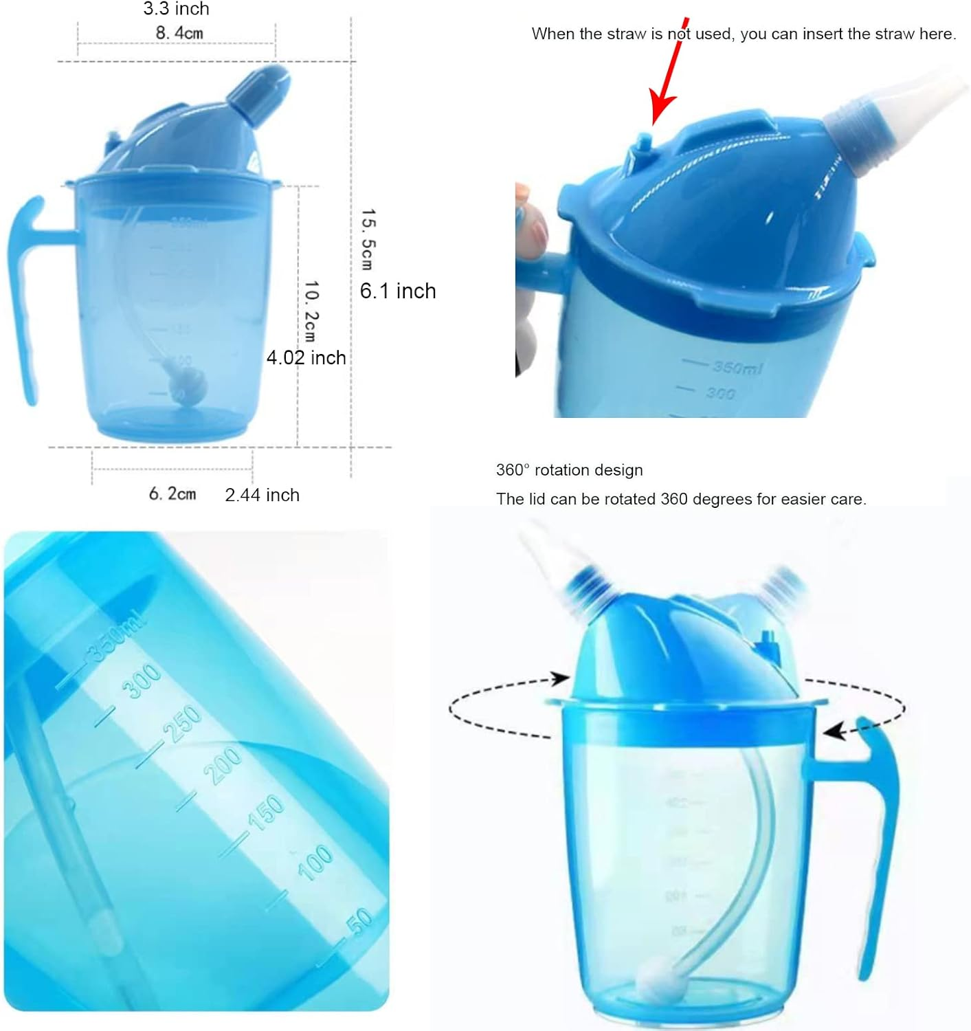 VOPHIA Drinking Beaker Cup for Disabled Adults, Convalescent No Spill Feeding Cup with Straw for Elderly Maternity Drink Water Porridge Soup 350Ml (Blue) image number 4