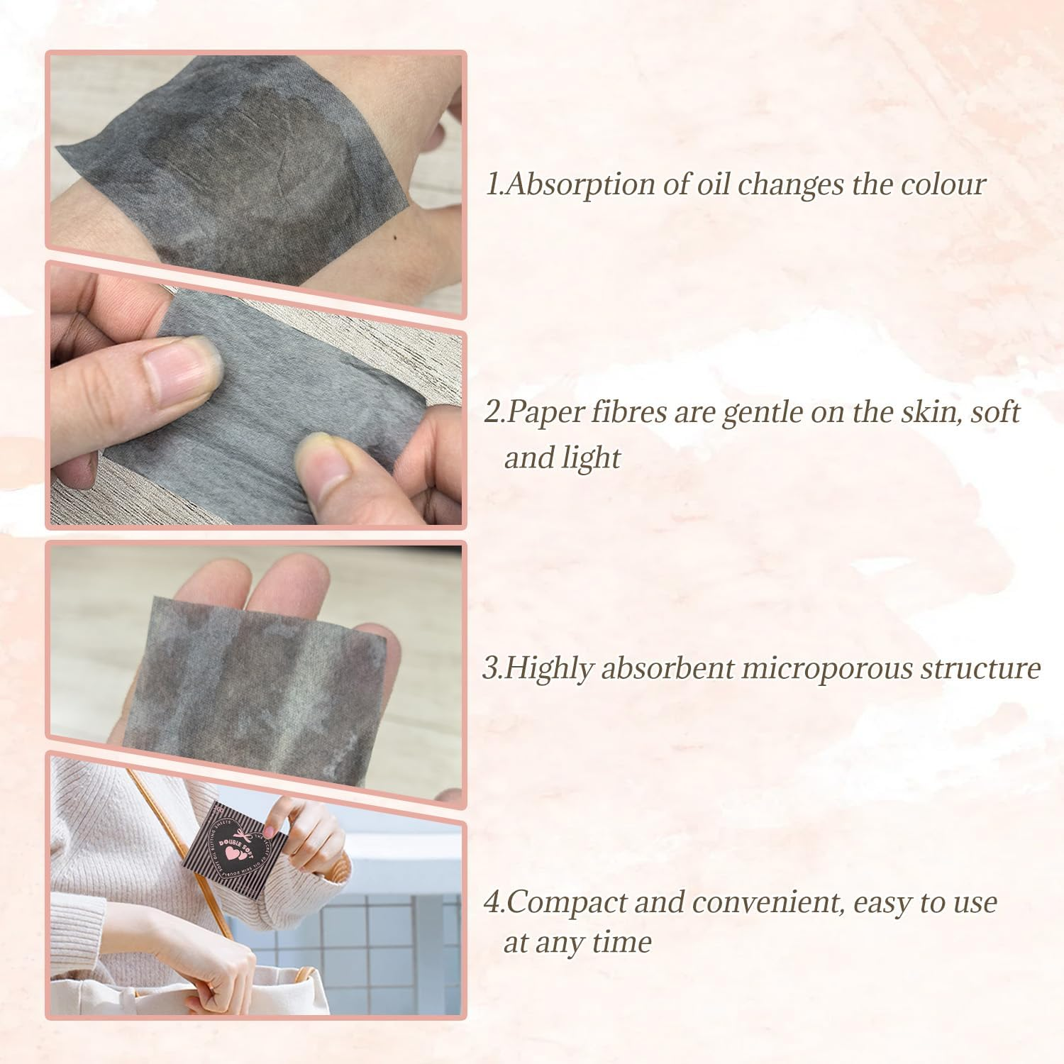 BOROLA 3-In-1 Oil Blotting Paper Set for Face Oil Absorbing Sheet with Portable Mirror & Adhesive Makeup Puff, Blotting Paper for Oily Skin, Design for Men & Women(100 Sheets, Pink Bow) image number 4