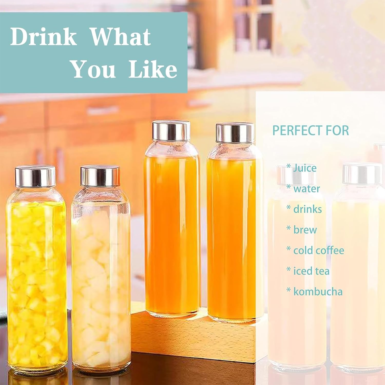 Glass Water Bottle - Reusable with Cleaning Brush,6Pcs 18Oz BPA Free, Leak Proof Drinking Juice Bottles with Stainless Steel Lid - Clear Glass Water Bottle for Home, Office, Gym & Outdoors image number 2