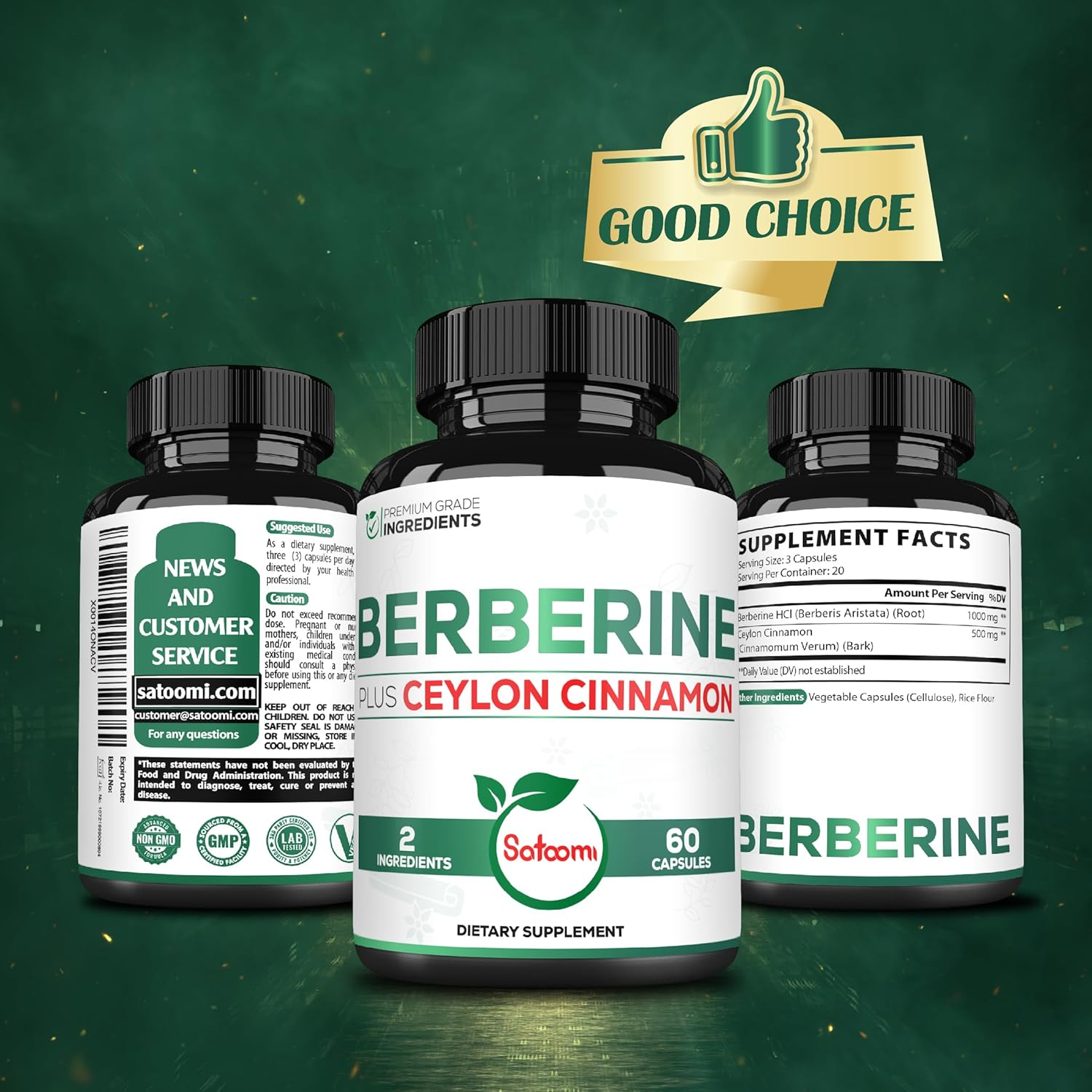 SATOOMI 1000Mg Berberine with 500Mg Ceylon Cinnamon Supplement - Extra Strength - 60 Capsules - Gluten-Free, Non-Gmo