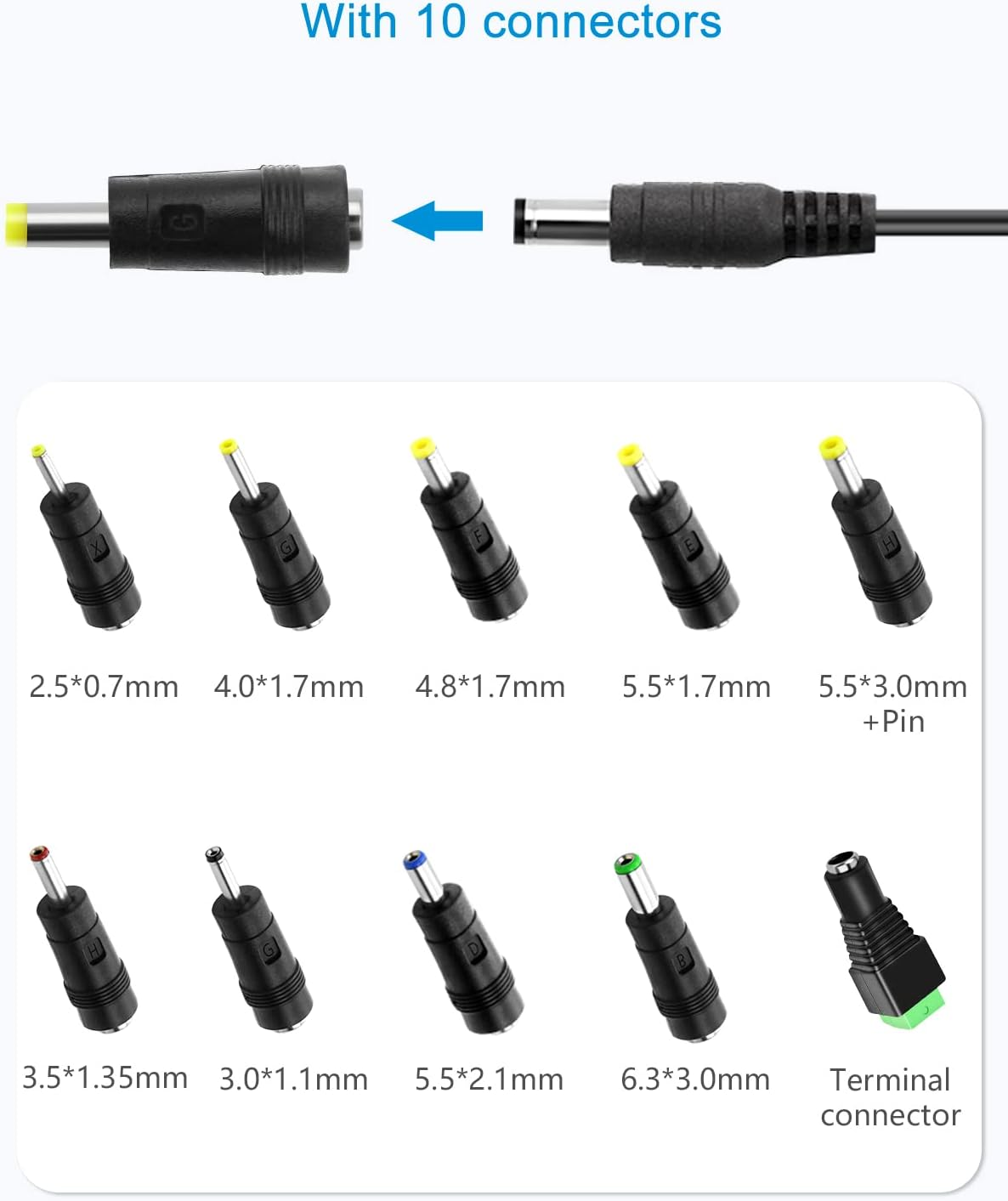 ALITOVE 12V 1A Power Supply Adapter DC 12 Volt 12W 1000Ma 800Ma 600Ma 500Ma Power Converter with 5.5X2.5Mm 5.5X3.0Mm 5.5X1.7Mm 4.8X1.7Mm 4.0X1.7Mm 3.5X1.35Mm 3.0X1.1Mm 2.5Mmx0.7Mm 6.3X3.0Mm 10 Tips image number 2