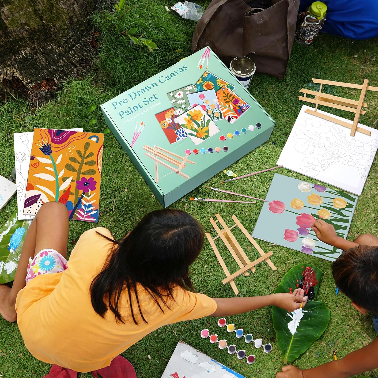 Engrowtic 6 Packs Pre Drawn Canvas Kit for Painting Adult 8 X10 Inch Sip and Paint Kit Flower Painting Pre Printed Canvases with Easel and Brushes for Adults Kids DIY Summer Artist Party image number 2