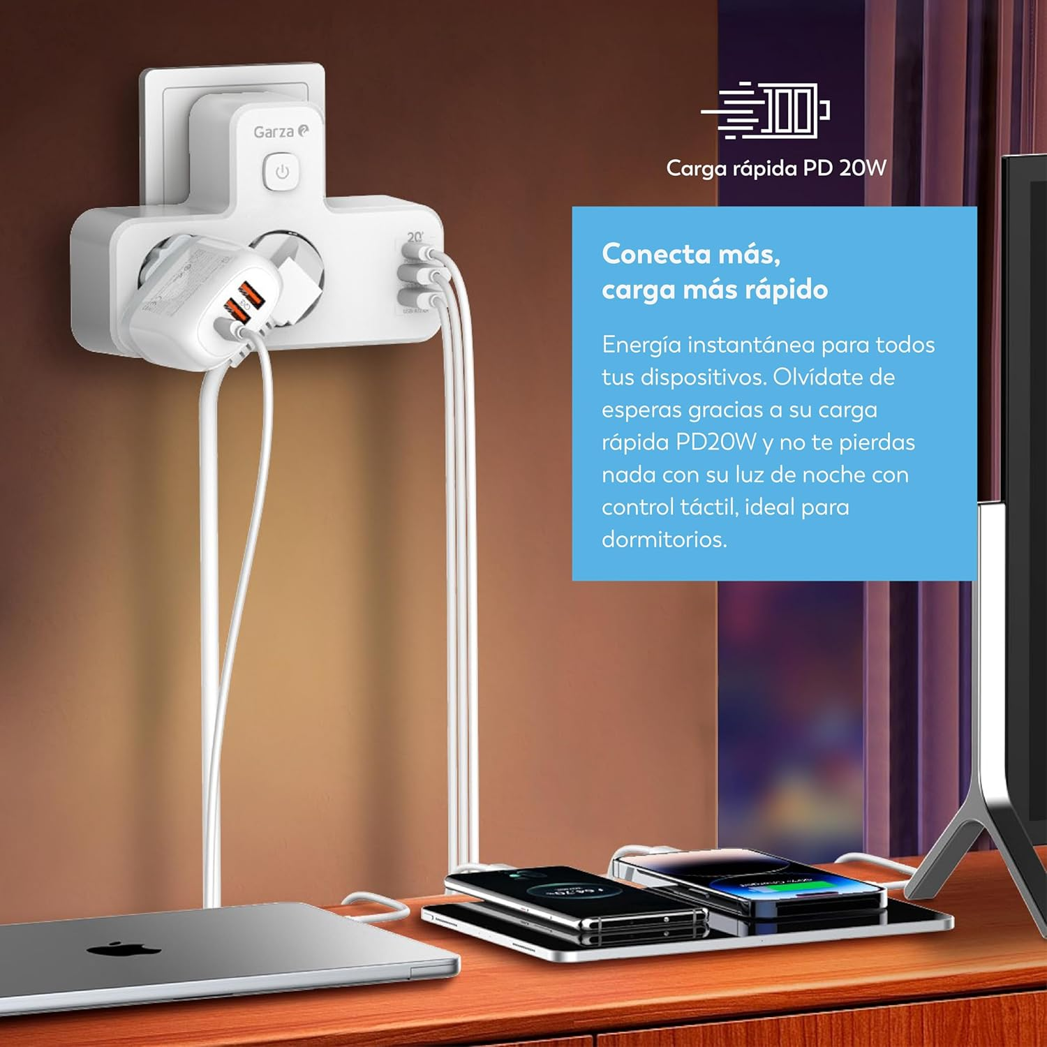 Garza - 5-In-1 Adapter with 2 Schuko Sockets, 2 USB-A and 1 USB-C PD20W, Fast Charge, Dimmable Touch Night Light, Child Protection and Overheating Protection image number 1