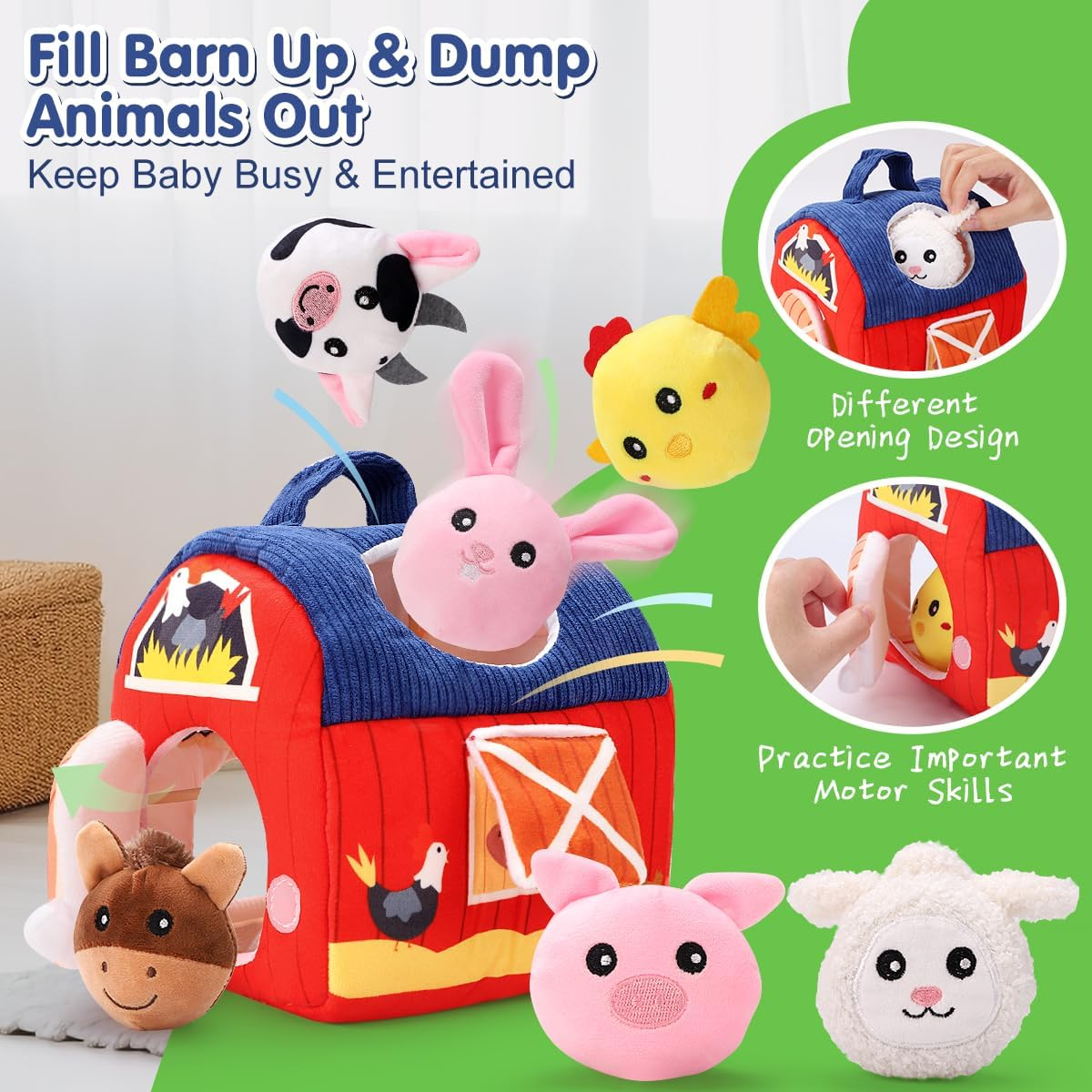 Baby Toys 6-12 Months，Montessori Toys for 6 Month Old Babies， Surprise Barn with Stuffed Farm Animals, Rattle, Crinkle Paper, Mirror，Sensory Toy for Toddlers 1-3 Boy Girl Gift Birthday image number 4