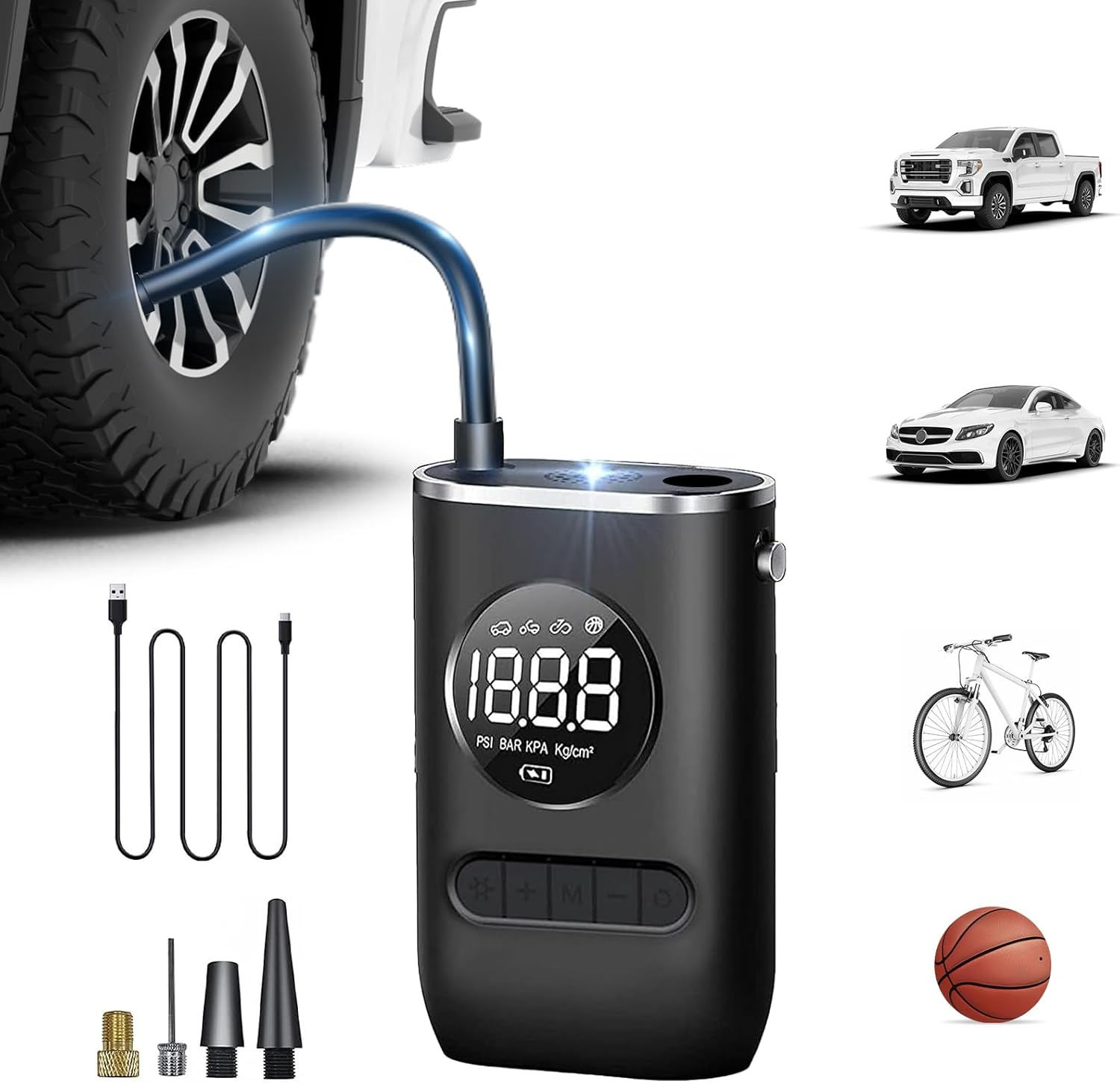 Ixtra Car Tyre Inflator Air Compressor Cordless with LED Lights Electric Bike Pumps for All Bikes Auto-Off Electric Ball Pump with Needle 150PSI Electric Car Tyre Pump with Pressure Gauge and Inflator image number 3