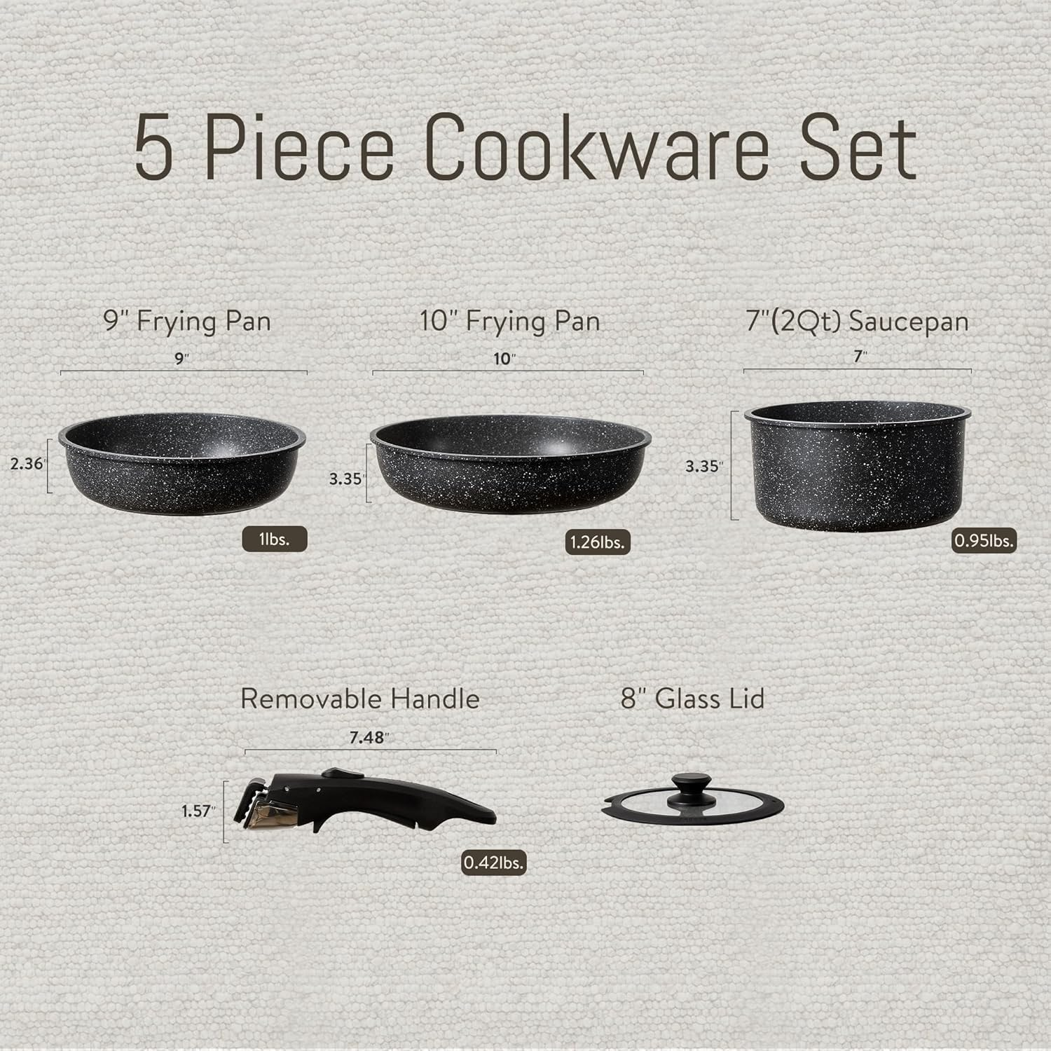 5 Pcs Pots and Pans Set Non Stick - Detachable Handle Cookware Set, Induction Nonstick Kitchen RV Cooking Set Removable Handle - Dishwasher ＆ Oven Safe ＆Heat Evenly for Better Cooking (Black) - Black image number 5