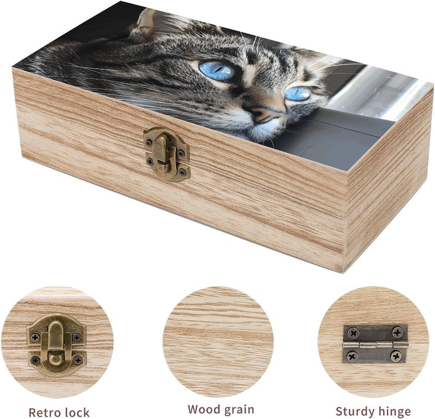 Blue Eyed Cat Wooden Box Wood Wedding Keepsake Boxes with Lids Small Decorative Boxes Lightweight Wooden Memory Storage Box for Crafts Keepsakes Jewelry Photo Letter Storage