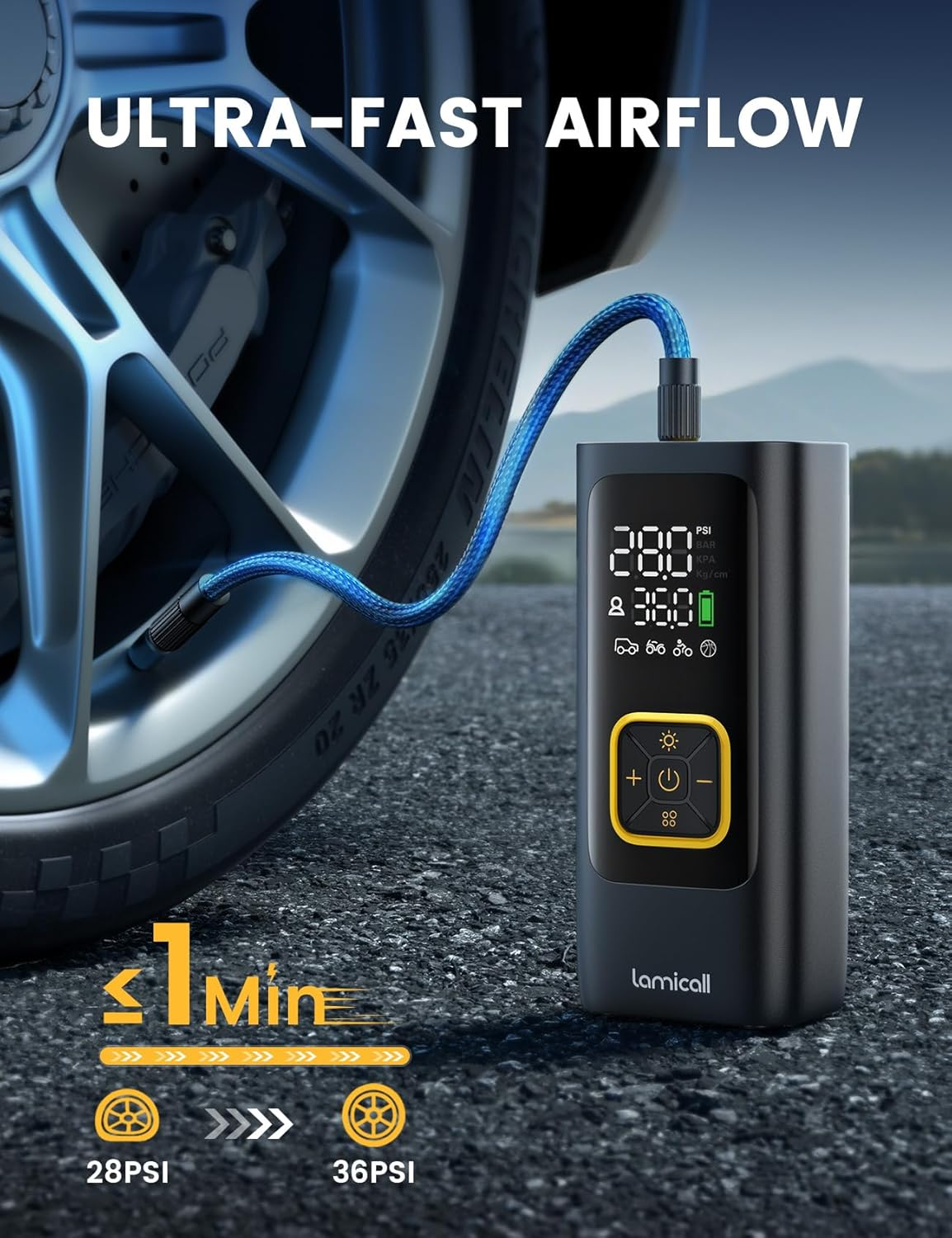 Tire Inflator Portable Air Compressor - Lamicall 150 PSI Cordless Car Air Tire Pump, Rechargeable Fast Inflate, Electric Bike Pump, Digital Pressure Gauge, LED Light, for Auto Motorcycle Ball image number 5