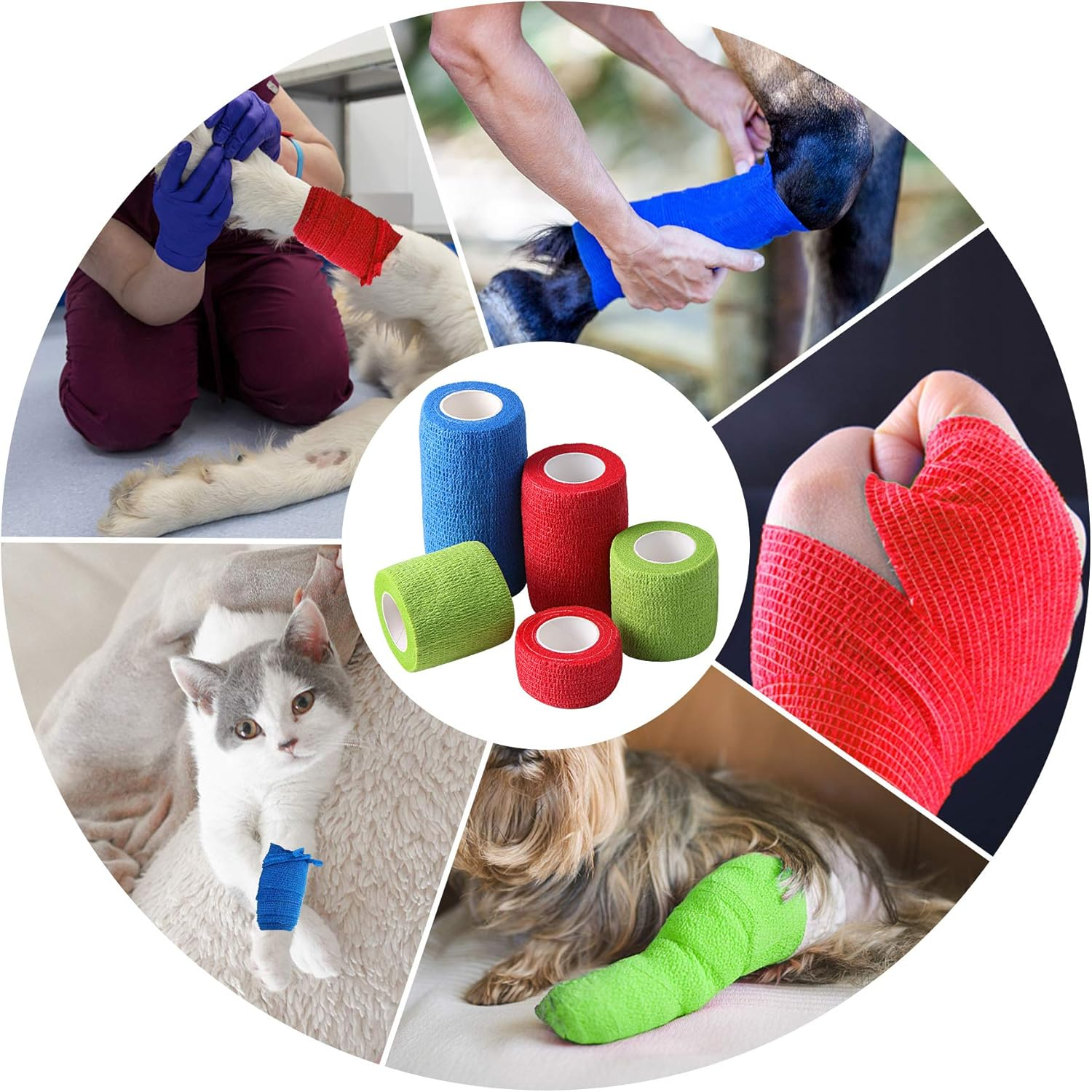 5 Rolls Pet Vet Wrap for Dogs Cats and Horse Self Adherent Bandage 2Inch No Woven Elastic Cohesive Tapes for Finger, Sports and Stretch Athletic