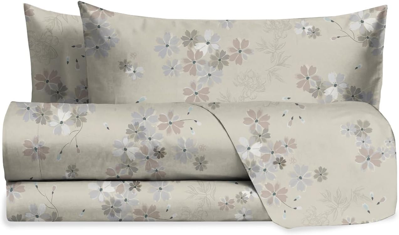 Hermet Laura Biagiotti Double Bed Linen Set, Cotton Patterned Bed Set, 100% Cotton, Top Sheet + Fitted Sheet + Pair of Pillowcases, Teia Cloud