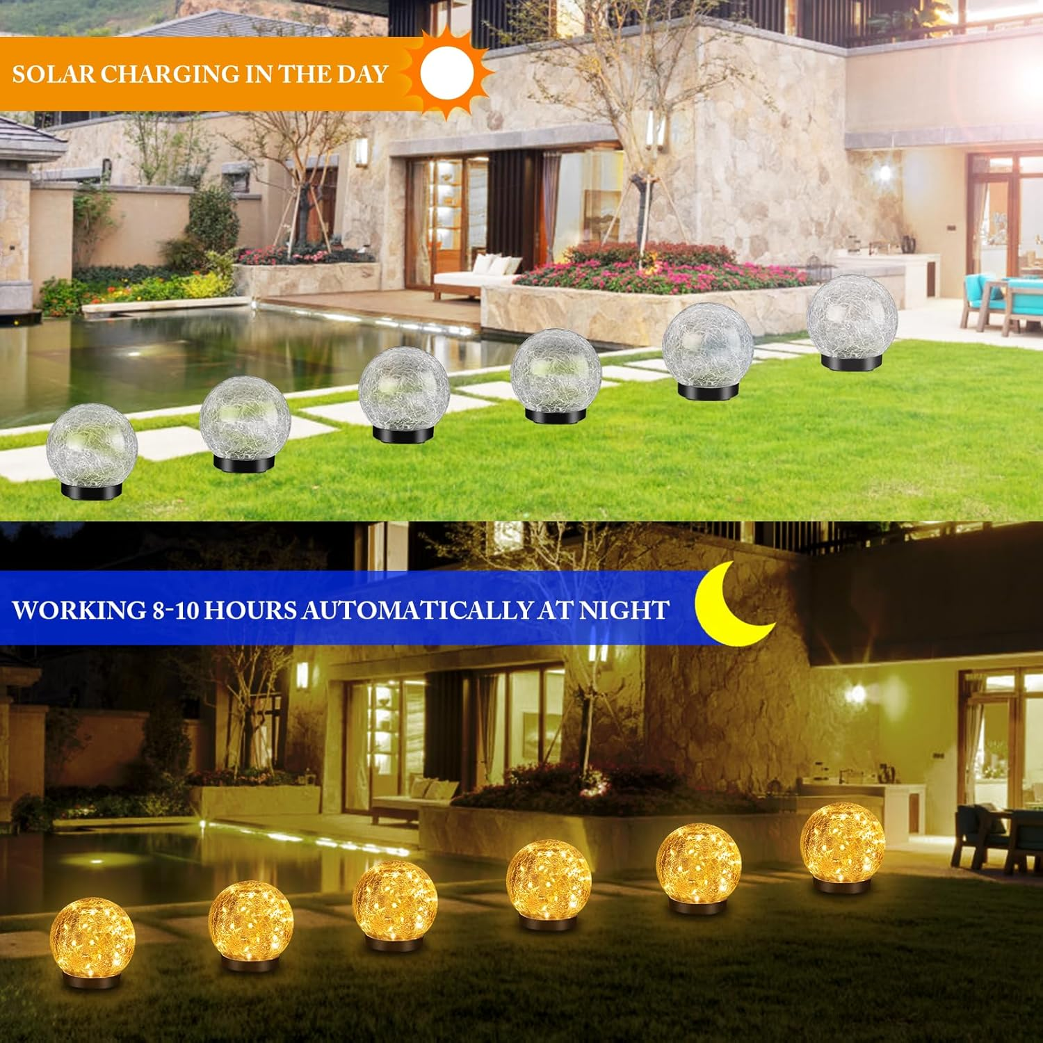 YWYWLED Solar Garden Lights - Two Lighting Modes 4.7&rsquo;&rsquo; Cracked Glass Solar Lights, 30 Leds Solar Lights for outside Garden Patio, Porch, Lawn, Yard Decorative (Warm White, 2 Globes) image number 4