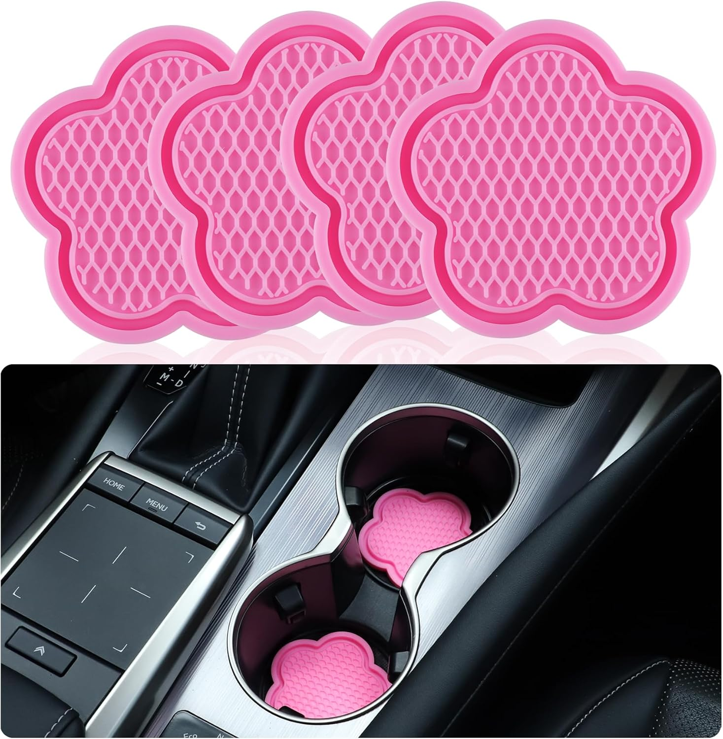 Garhomxy Car Cup Coaster, 4Pcs Universal Non-Slip Cup Holder Coaster, PVC Flower Shaped Car Cup Holder Coaster, Crystal Car Accessories Interior (Pink)