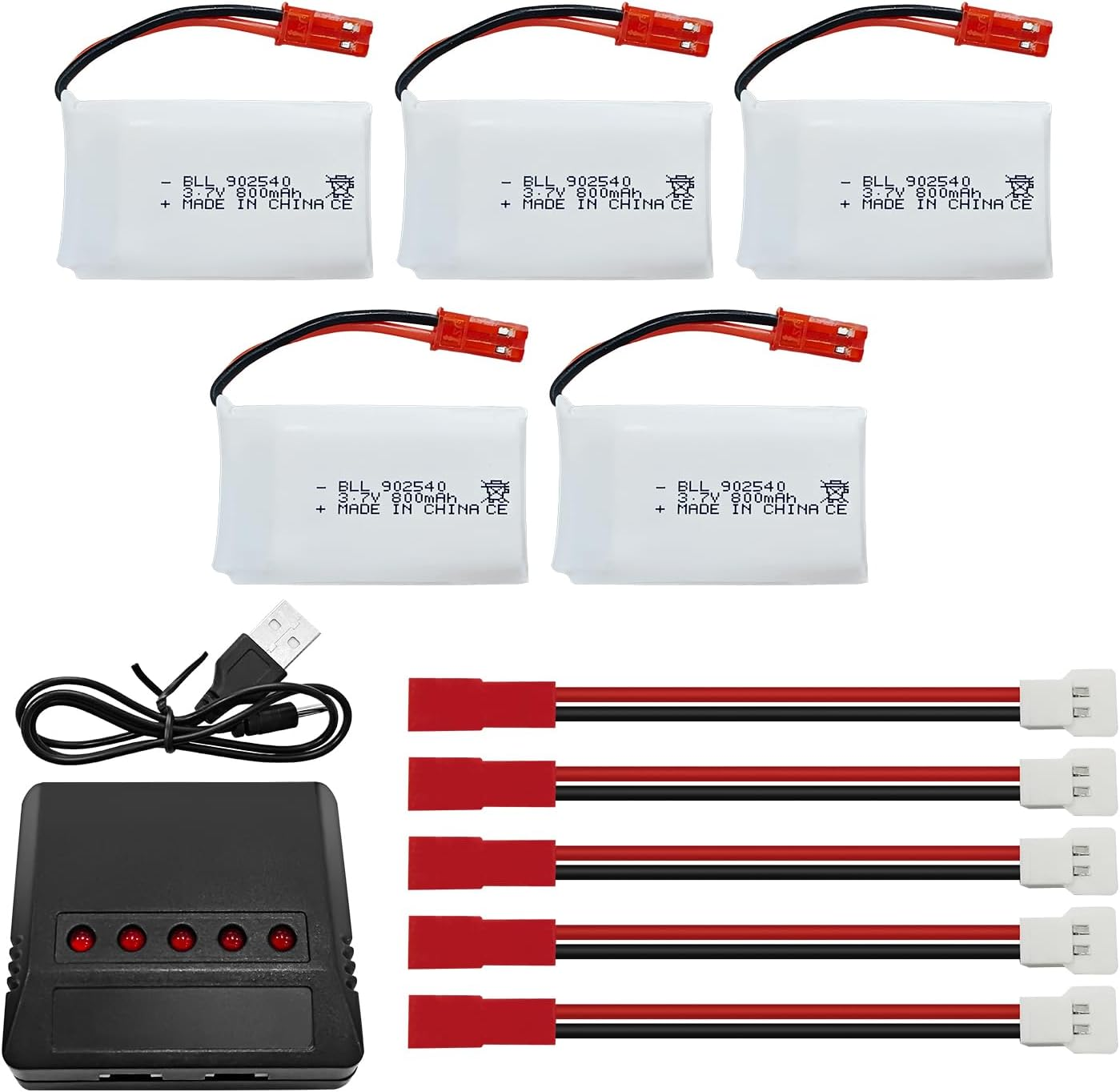 5PCS 3.7V 800Mah Lipo Battery Remote Control Drone Battery with 5In1 Charger JST Plug Suitable for SYMA X56W MJX X400W X300C X800 HS110 HS200 S670 V950Hd S1750 V2450 RC Quadcopter Battery image number 5