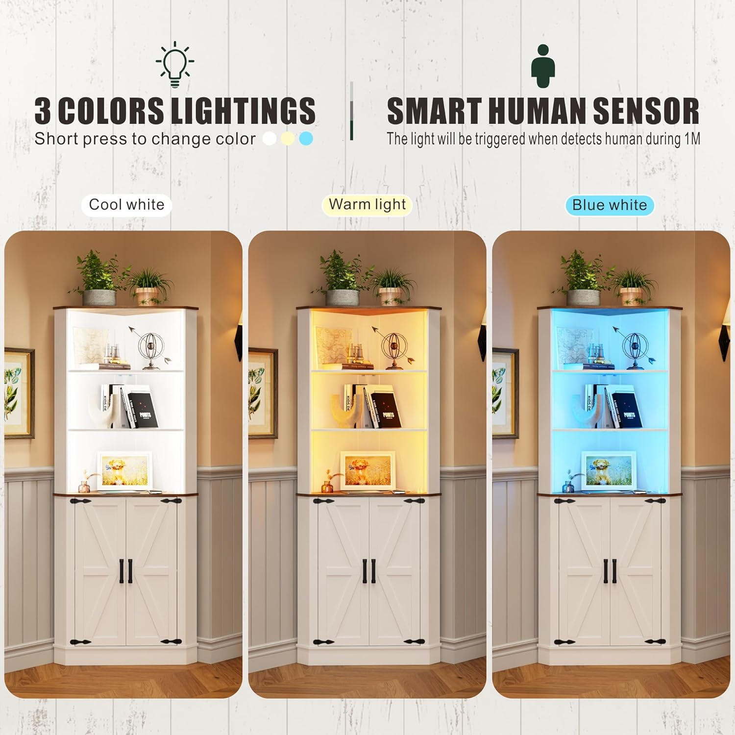 Dystler Tall Corner Cabinet with LED Light, Farmhouse Bathroom Cabinet with 2 Doors and 3 Tier Shelves, Free Standing Corner Storage Cabinet for Laundry Room, Living Room, Bedroom or Kitchen, White image number 3